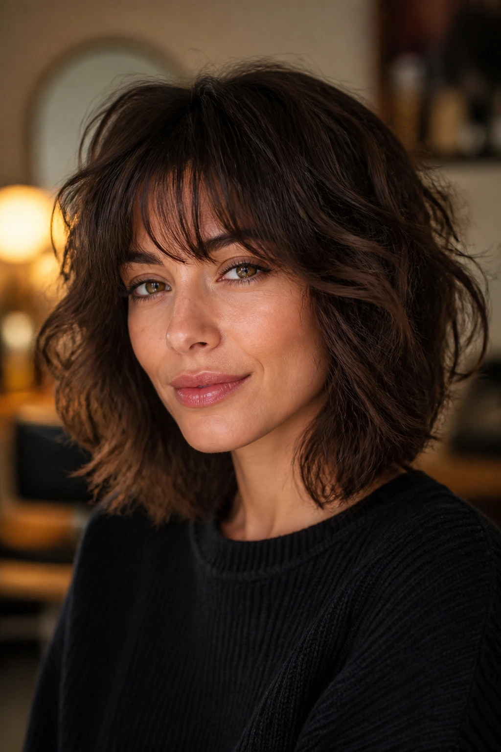 Portrait of a real woman wearing a medium shag bob with bangs on wavy hair