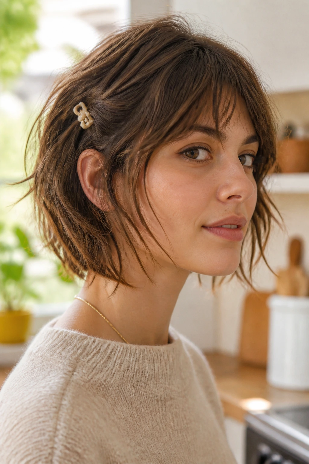 Portrait of a real person with a clip-friendly shag bob, one side tucked with a clip.