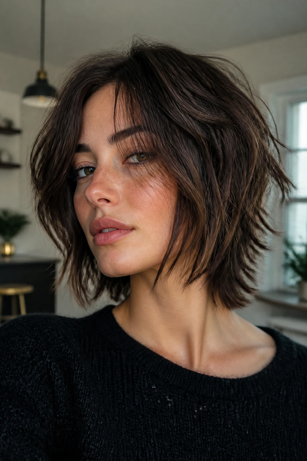 Portrait of a woman with a shag-bob hybrid, jaw-length front with longer back and visible texture.