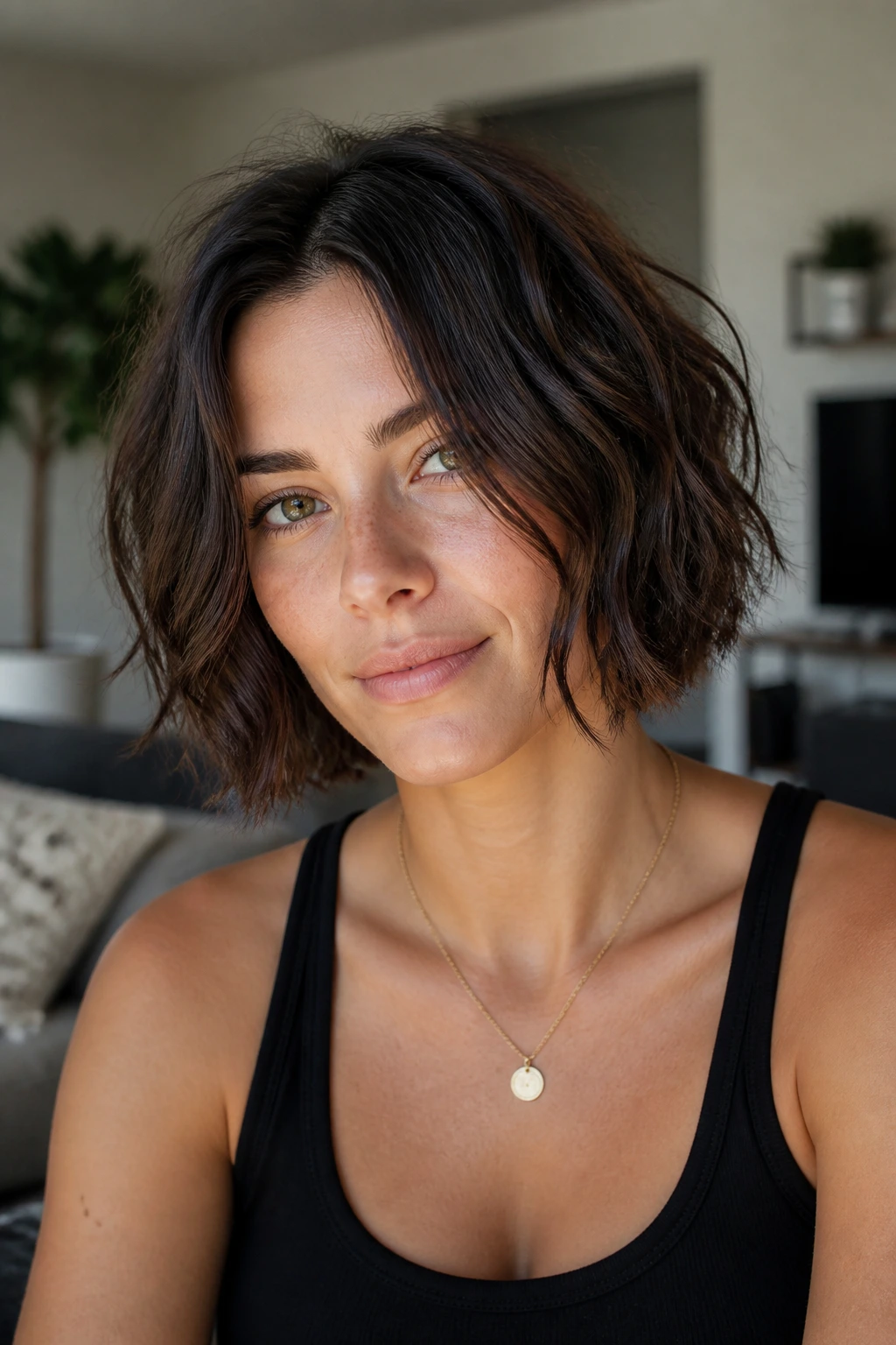 Portrait of a real woman with a jaw-length textured shag bob