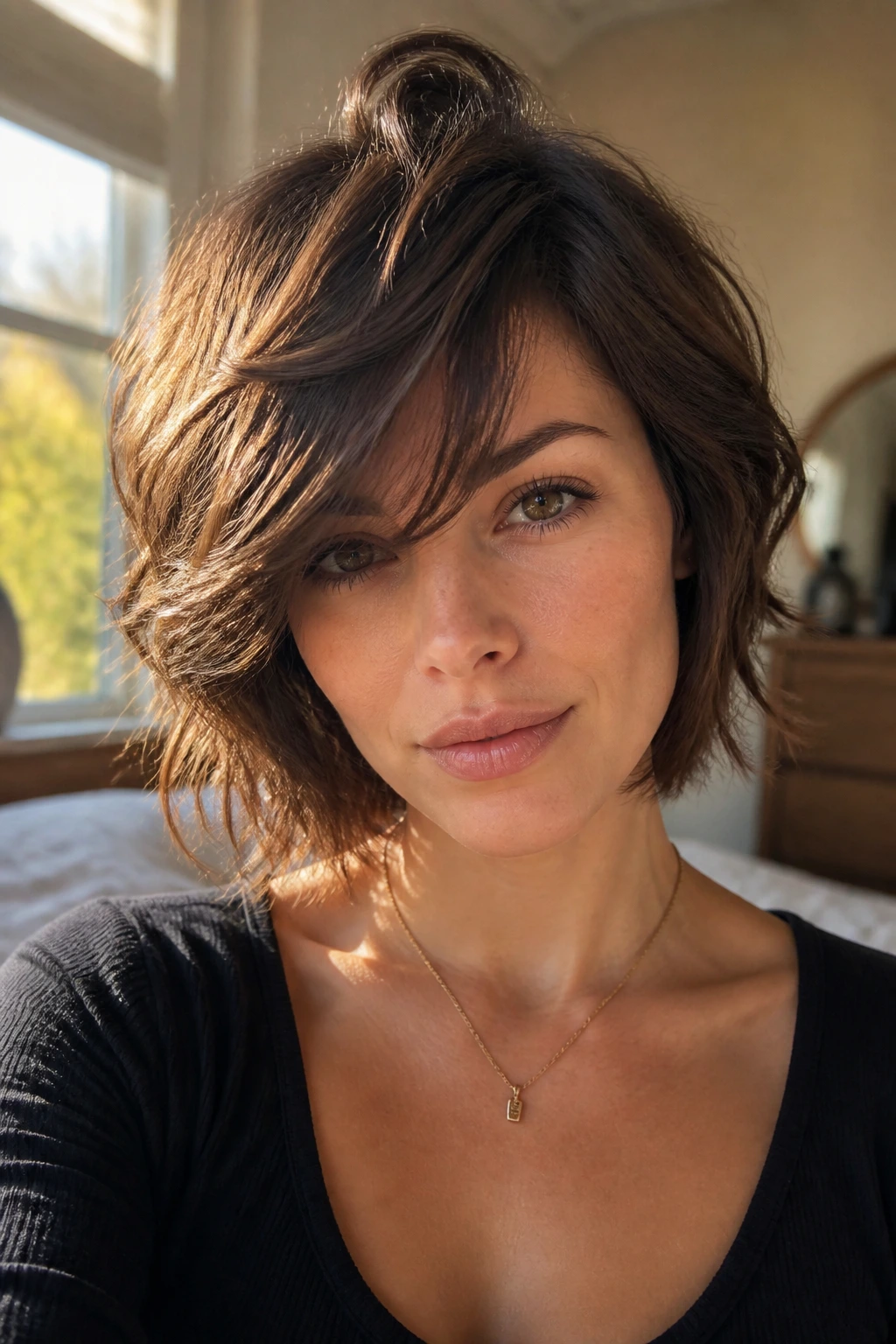 Close-up of a real woman wearing a side-parted shag bob with sweepy bangs in warm window light