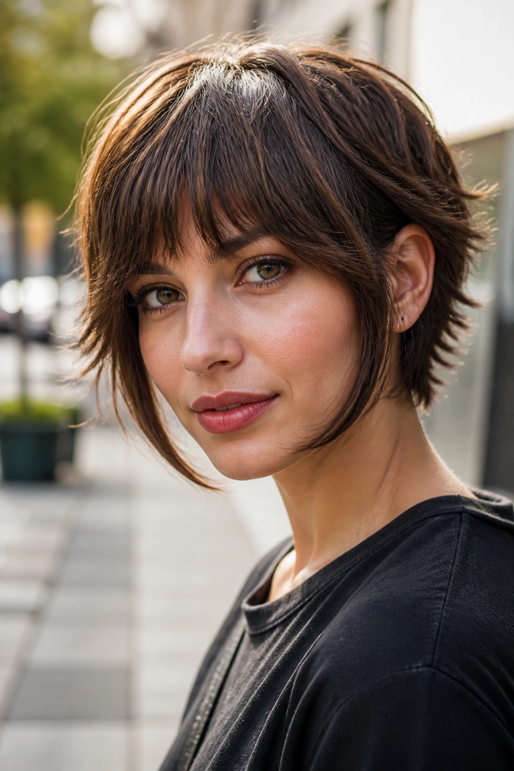 Close-up portrait of a real woman with sculpted shag bob and longer temples on a city street