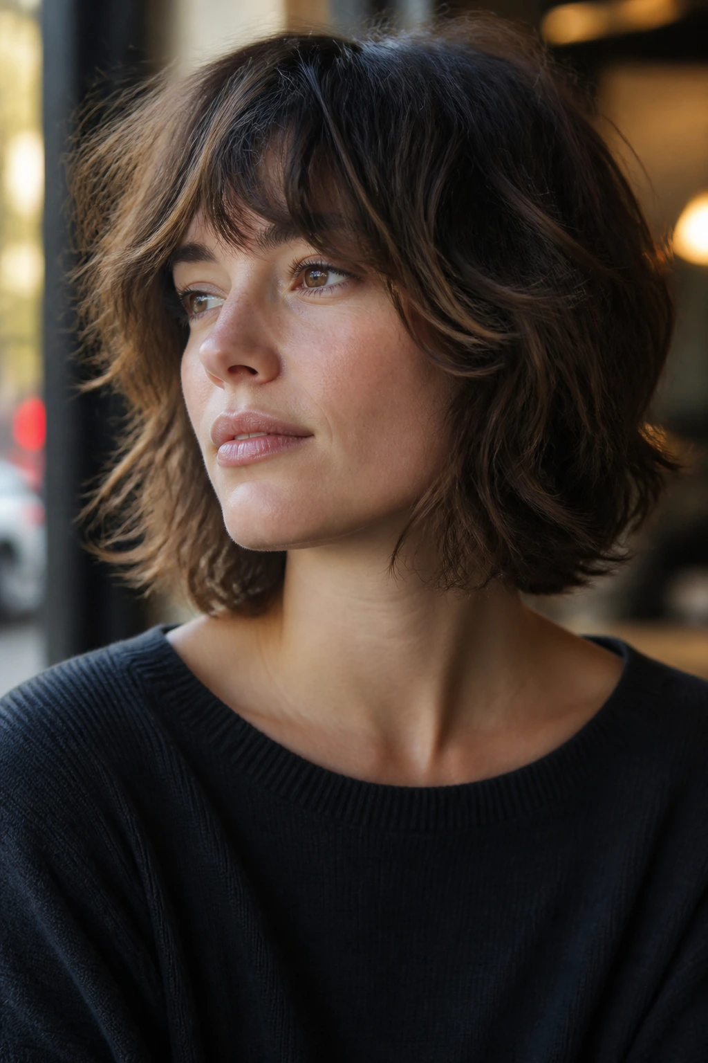 Portrait of woman with grown-out shag bob.