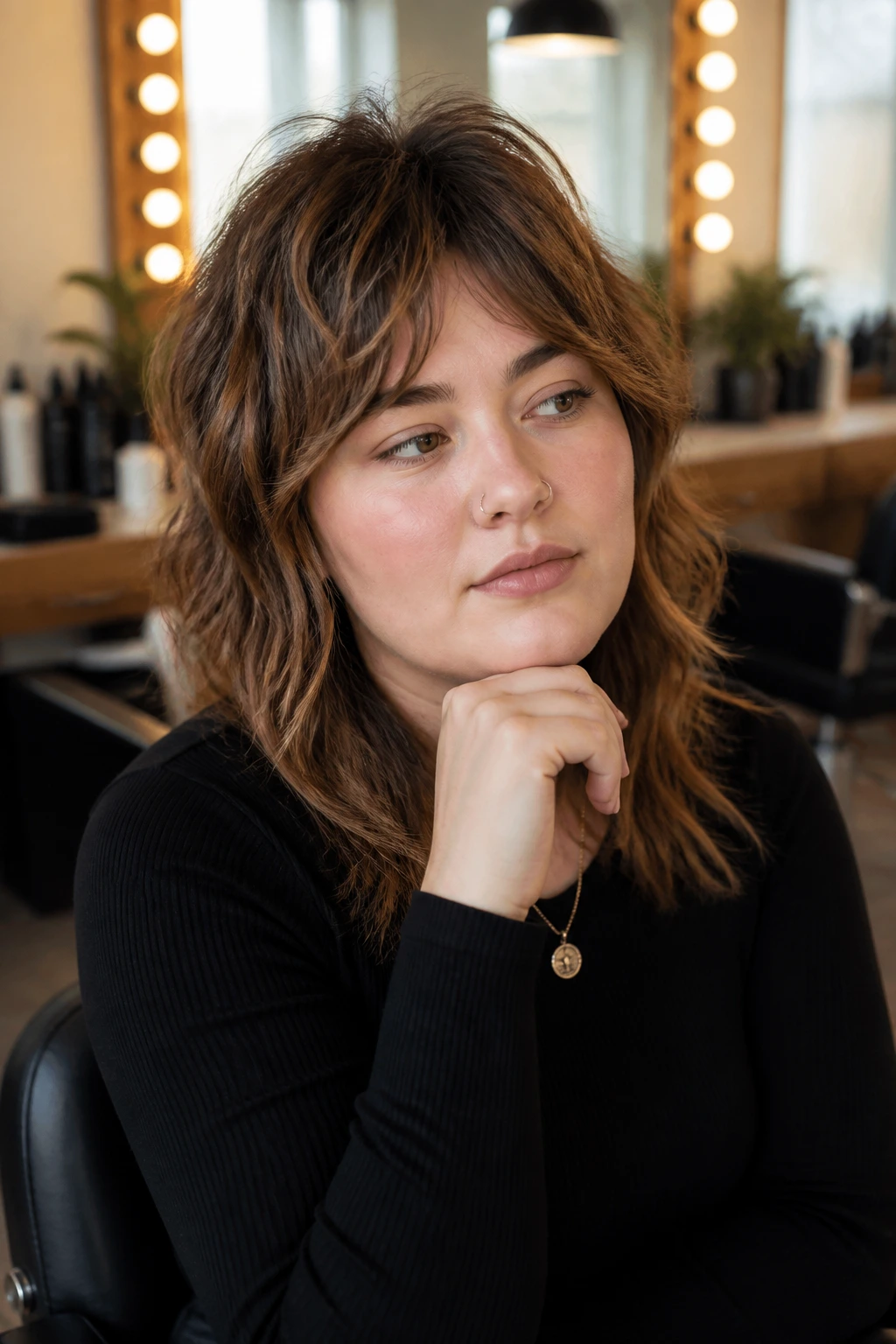 Thoughtful real-person portrait in a salon chair