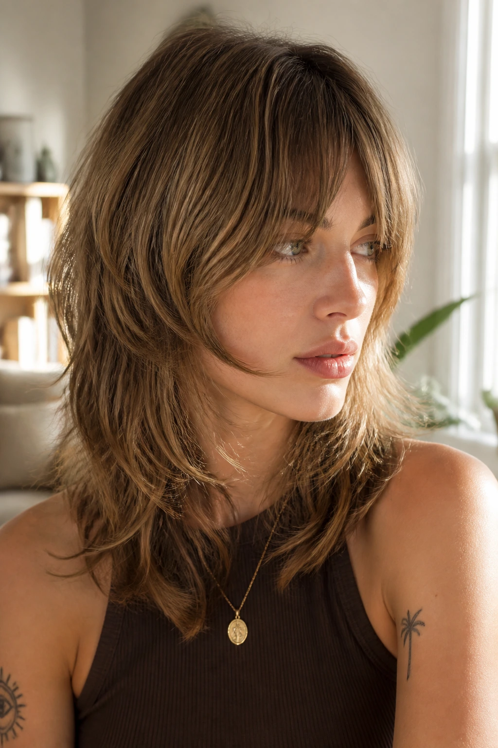 Portrait of real person with shag hairstyle and bottleneck bangs framing the cheeks
