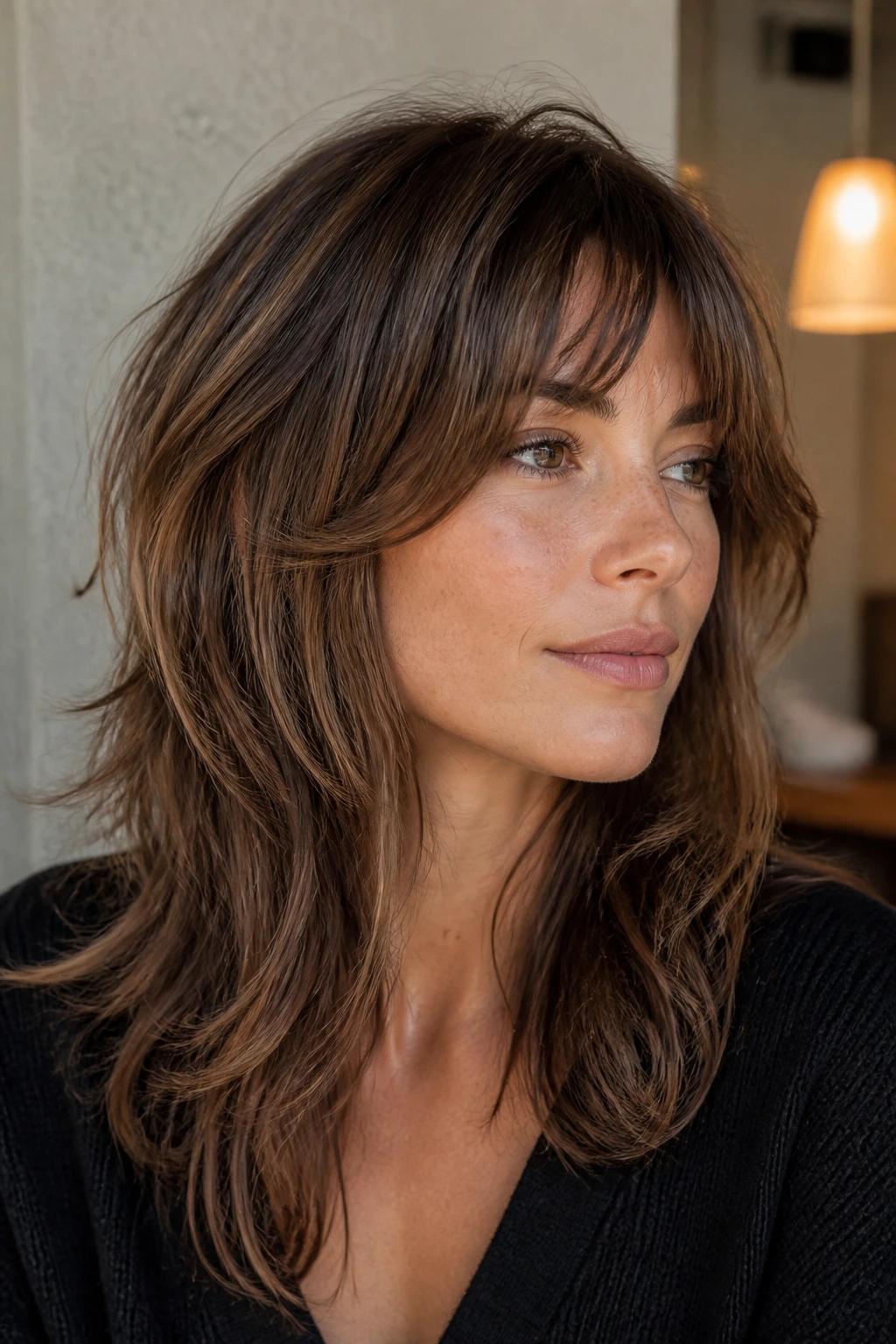 Close-up of a real woman with shag-linked bottleneck bangs blending into layered front