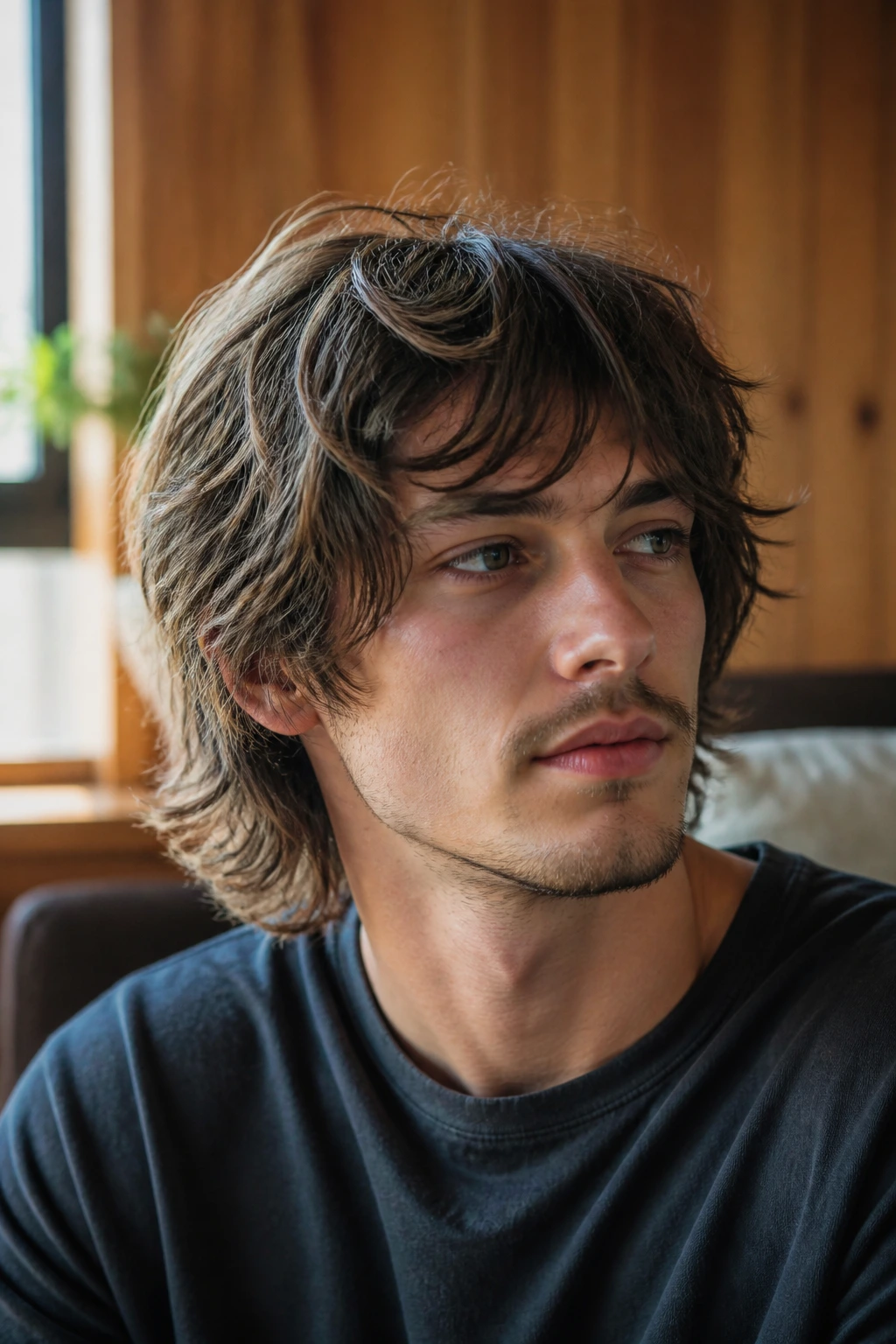 Close-up of a man with a modern shag hairstyle featuring broken layers and airy texture