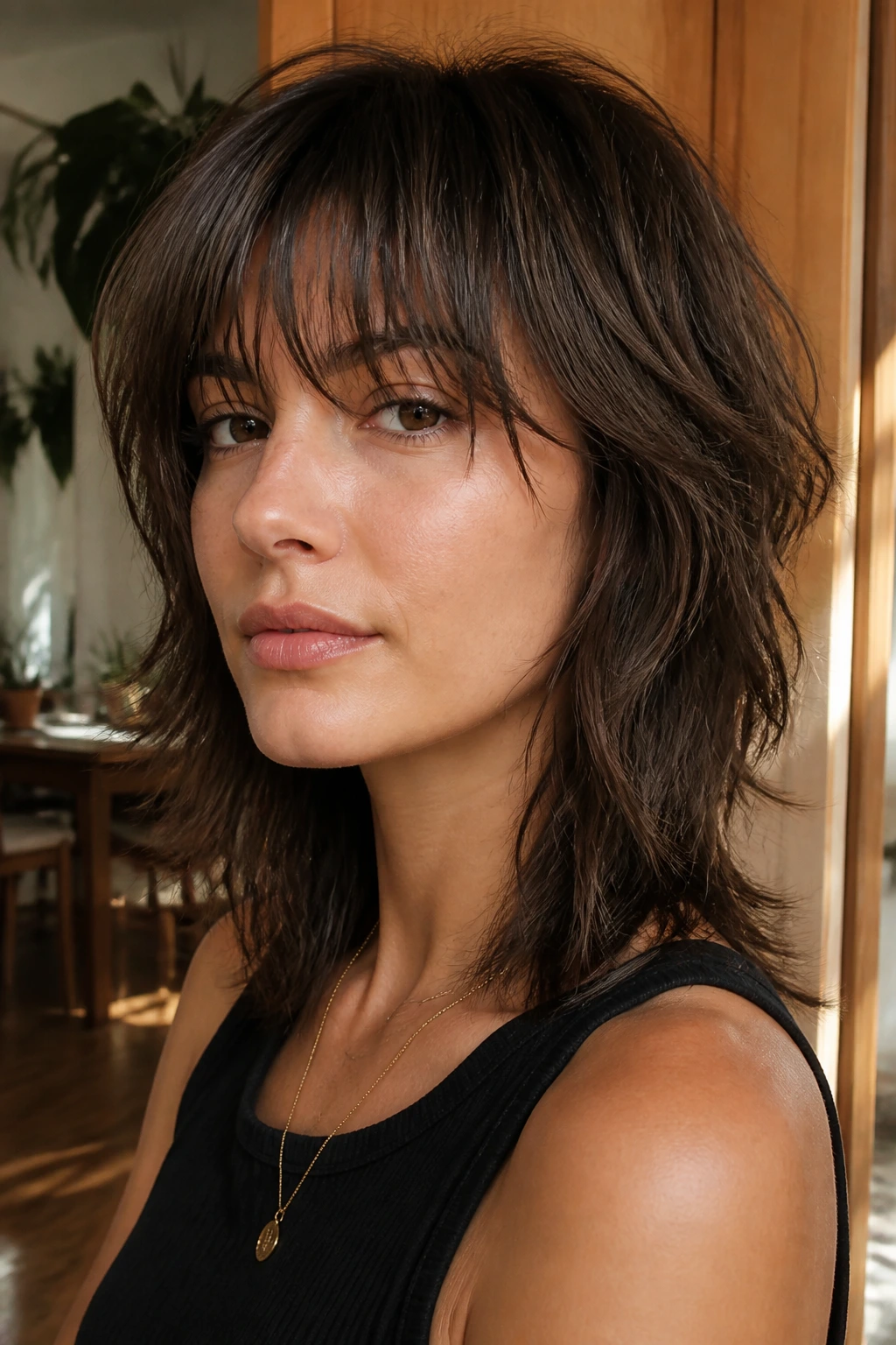 Real person with a textured shag and brow-grazing bangs in a sunlit home