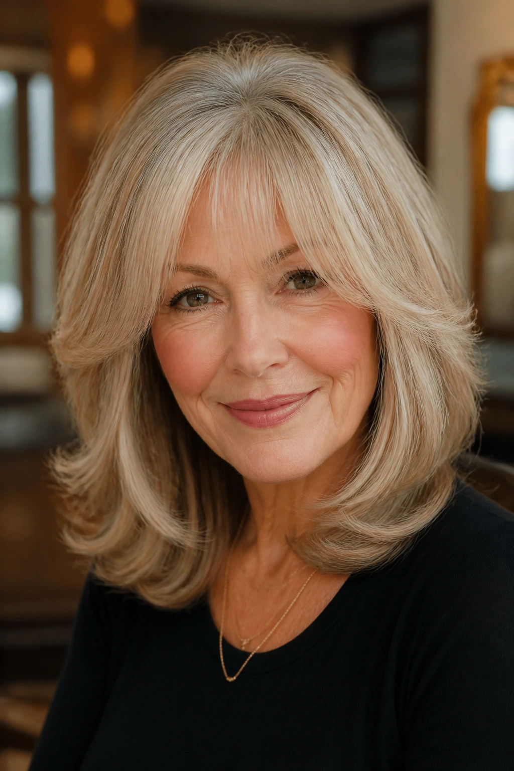 Close-up of a real woman with a brushed-out blowout shag in warm indoor light.