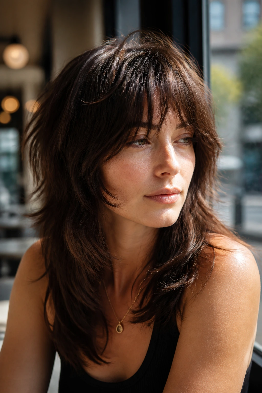 Close-up of a person with shag-butterfly hybrid haircut showing crown texture and loose front pieces.