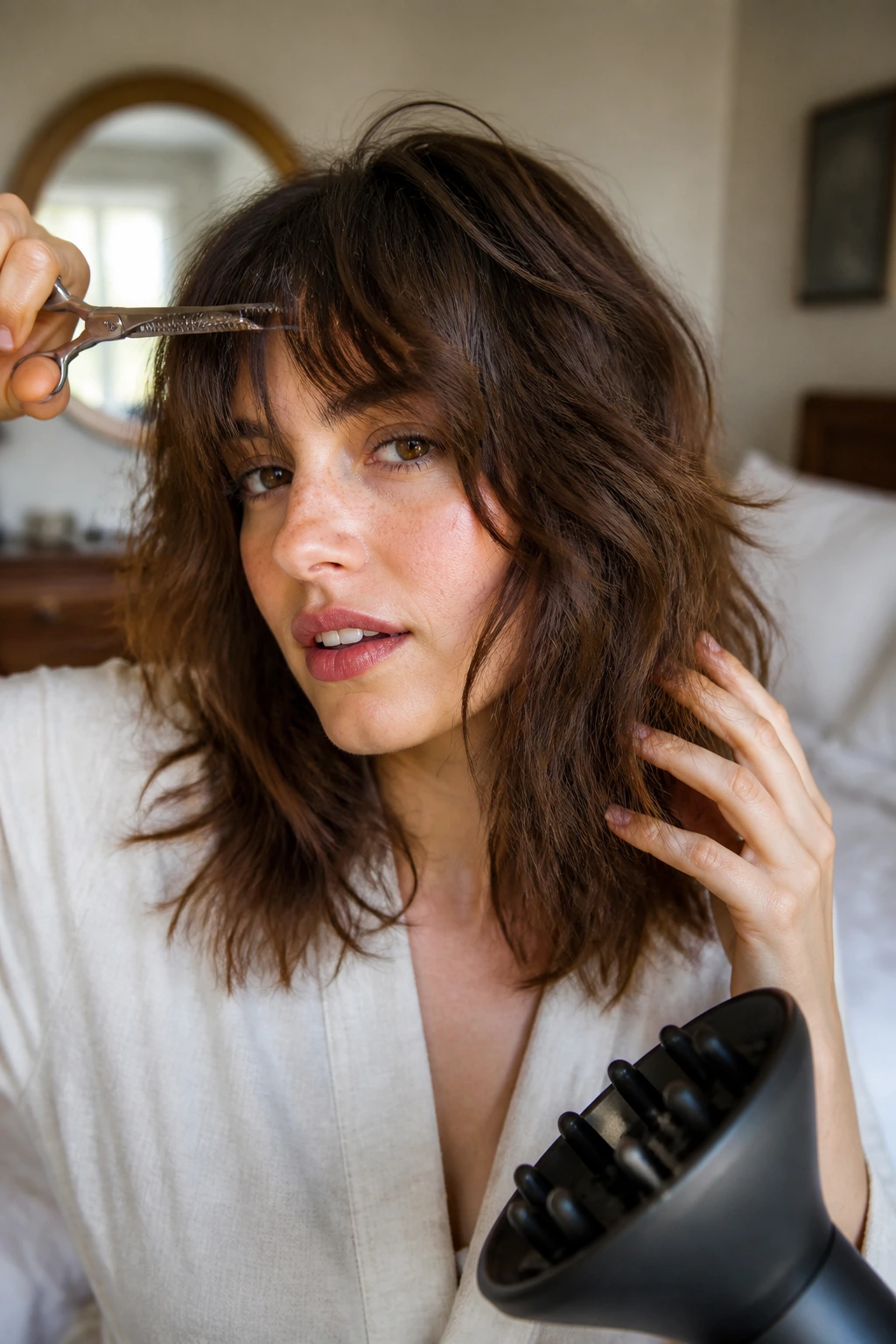 Close-up portrait of a real woman with thick medium-length shag hair in a cozy bedroom, showcasing a haircare routine