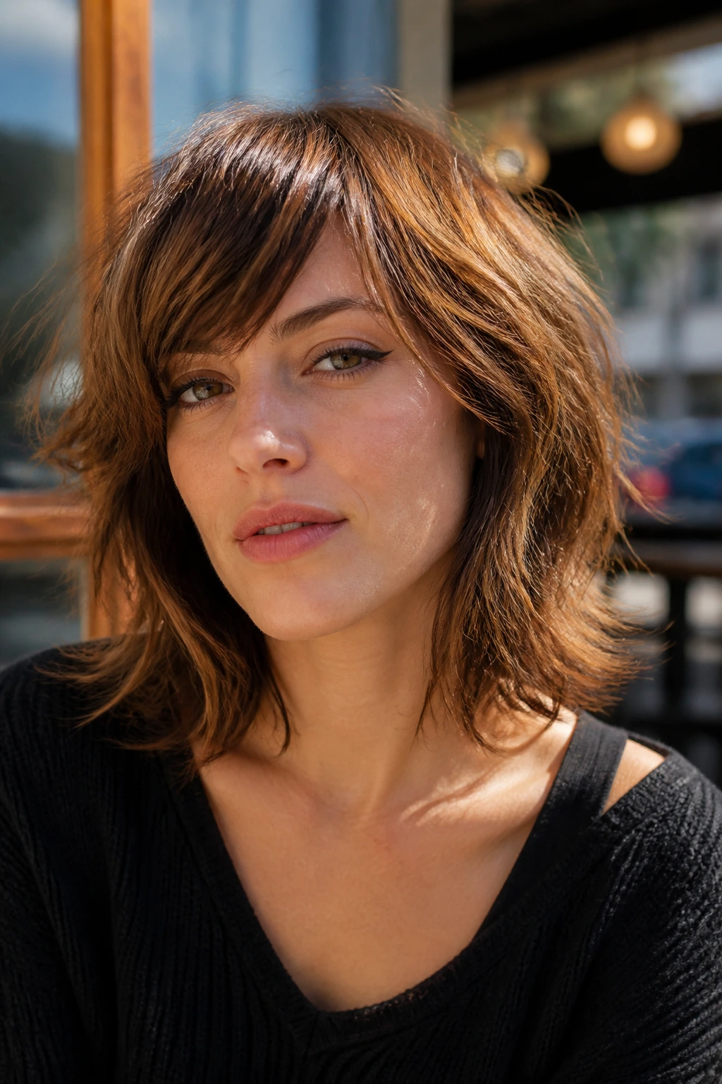 Close-up of tousled shag with choppy side bangs on a real person