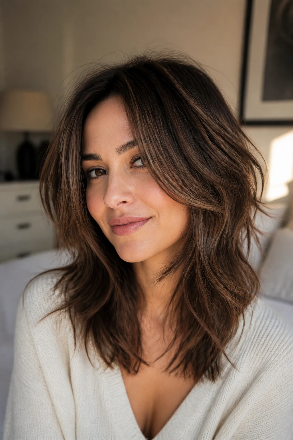 Close-up of a real woman with shag layers and a clean face-framing front