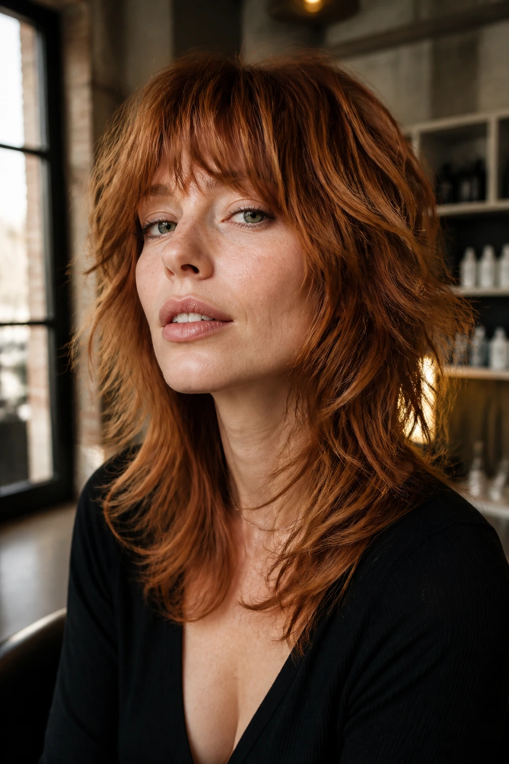 Close-up of a real woman with a dynamic shag hairstyle showing color movement
