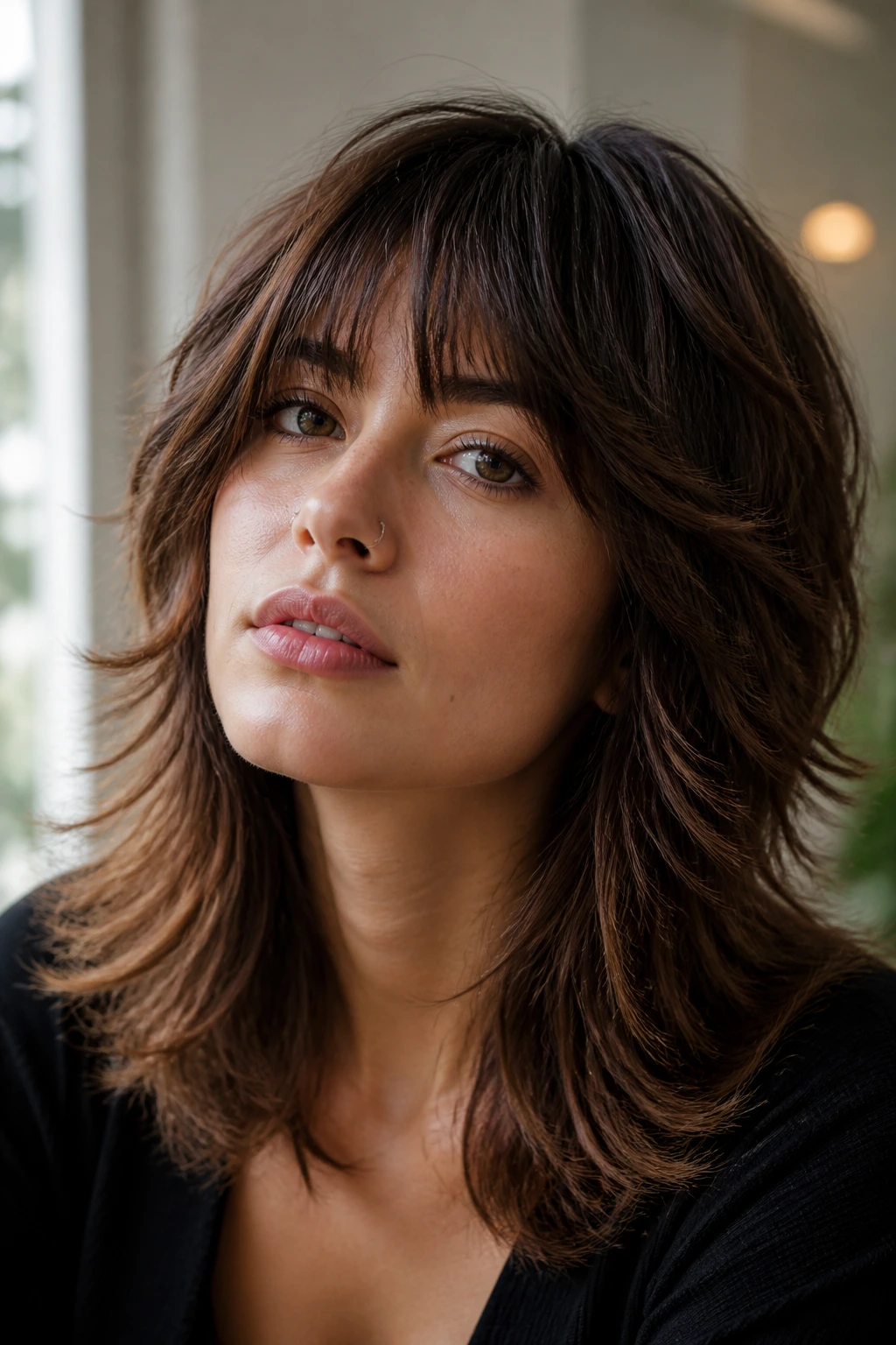 Close-up portrait of a real person with thick hair styled in a dynamic shag silhouette