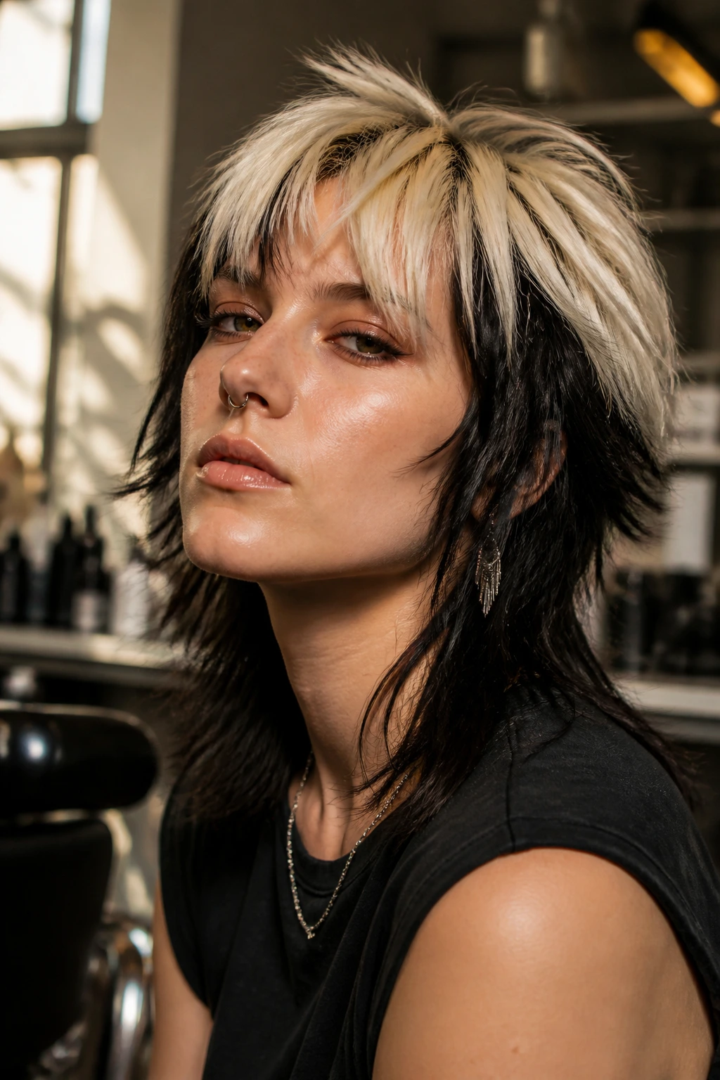 Close-up of real person with high-contrast black-and-blonde shag showing crisp color separation