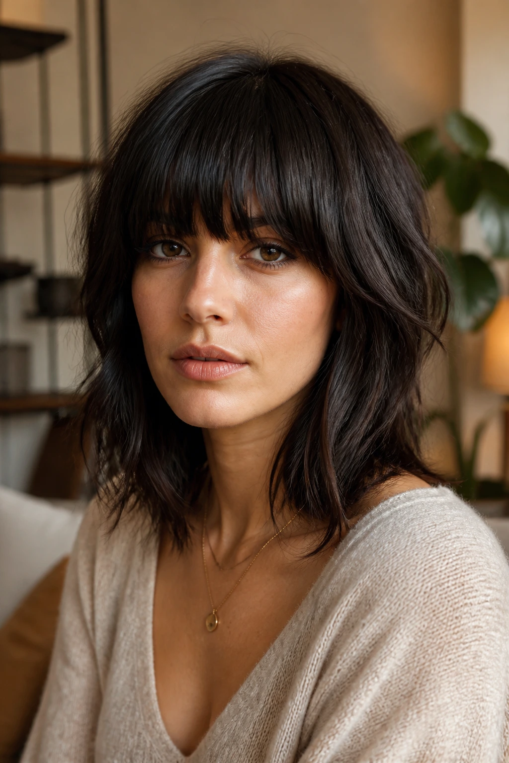 Close-up portrait of a real person with dense fringe and shaggy underlayers