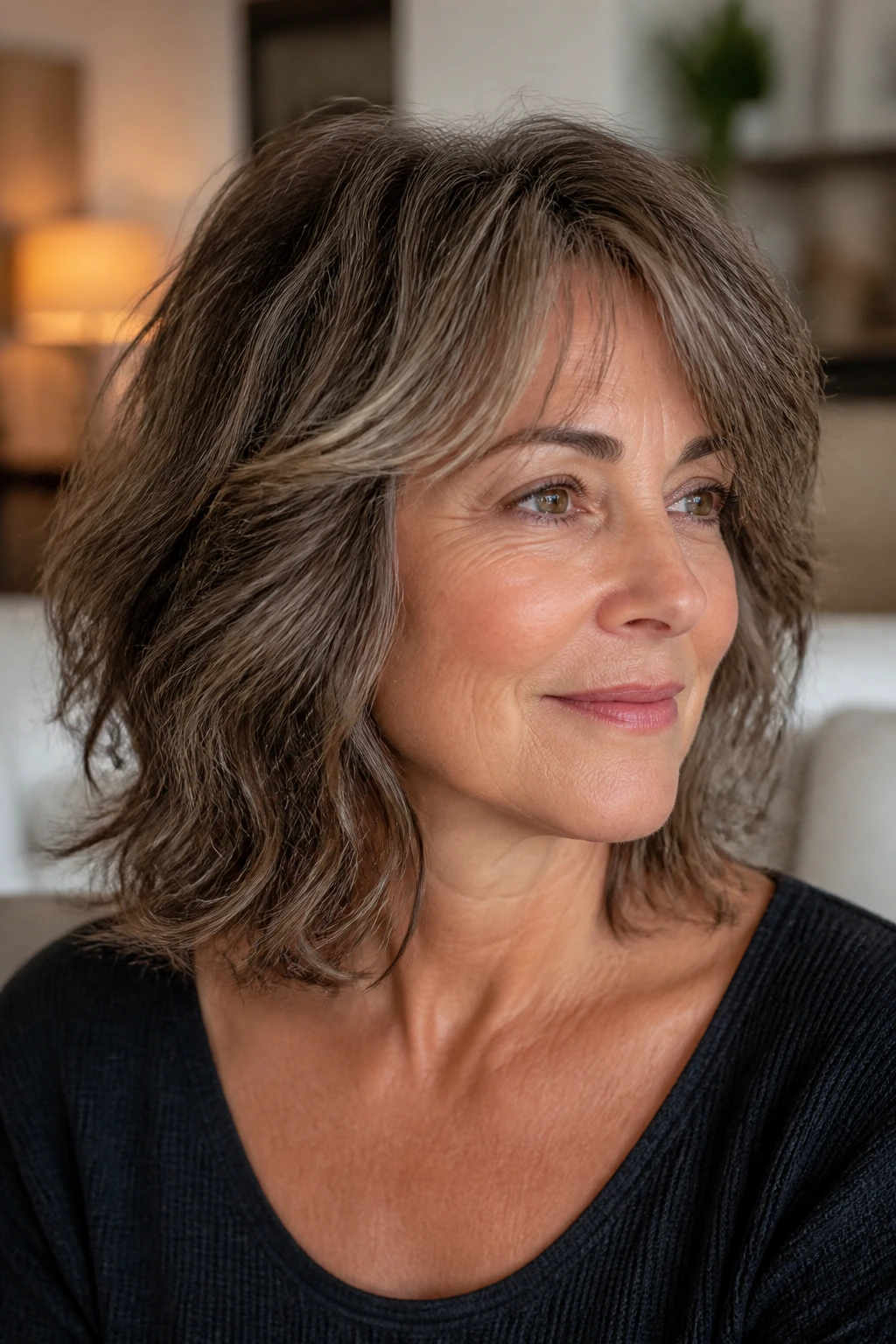 Close-up portrait of a real woman with a mid-length shag featuring soft crown layers and natural waves