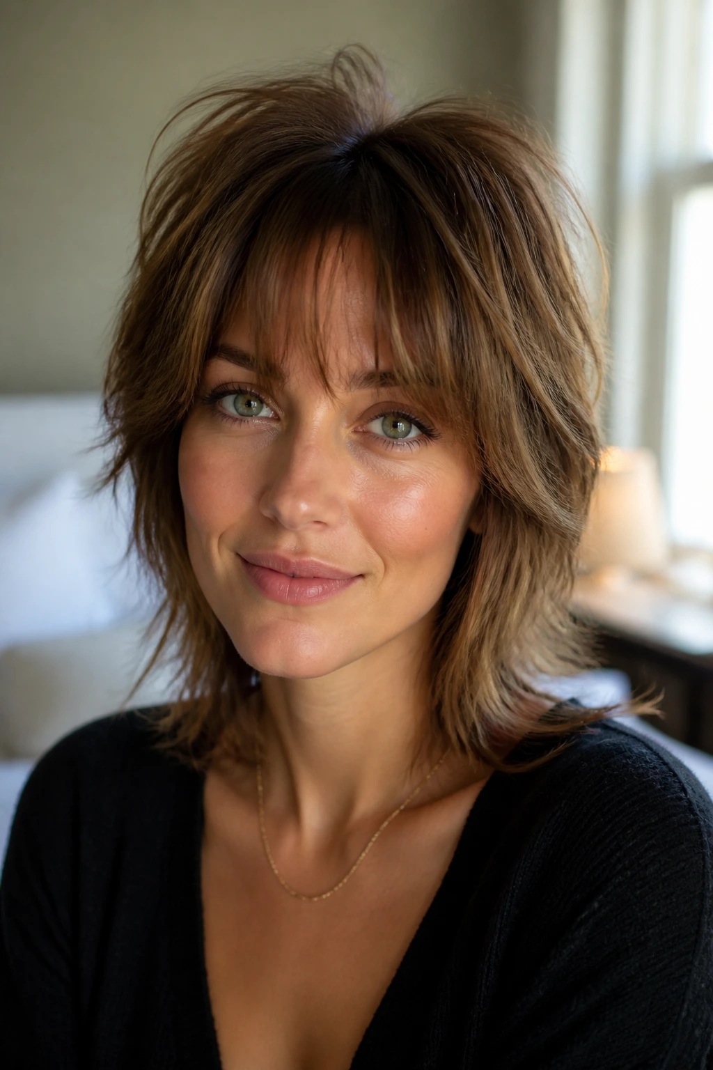 Close-up of real woman with crown lift and defined fringe on shag hairstyle