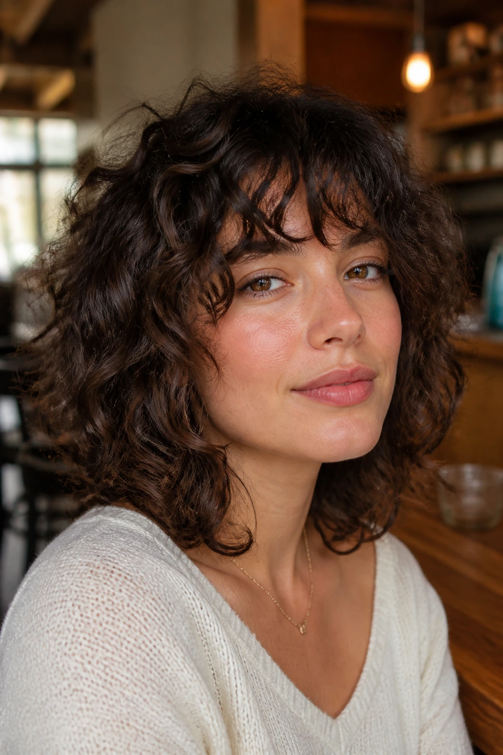 Close-up portrait of a woman with a shag-inspired curly lob in a cafe setting