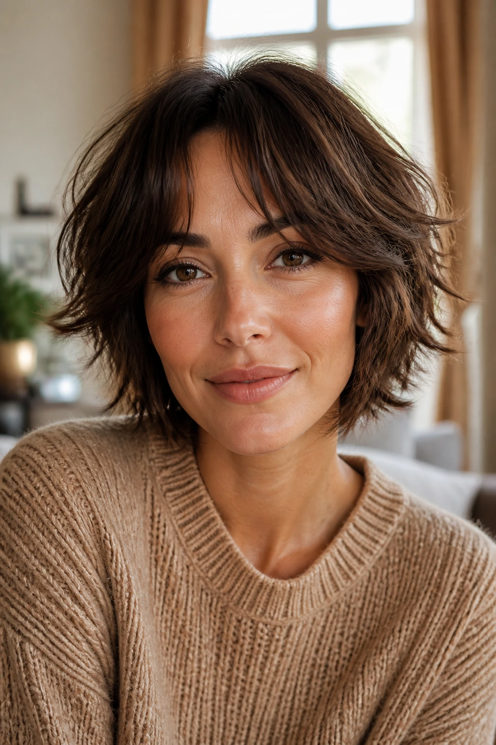 Close-up portrait of a real woman with a short shag and curtain bangs in a cozy room