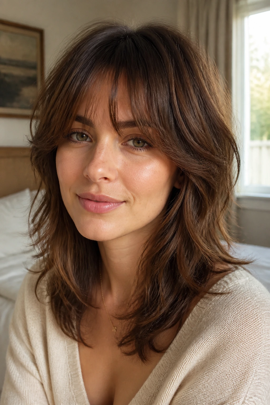 Close-up portrait of a real woman with a heart-shaped face wearing curtain bangs shag