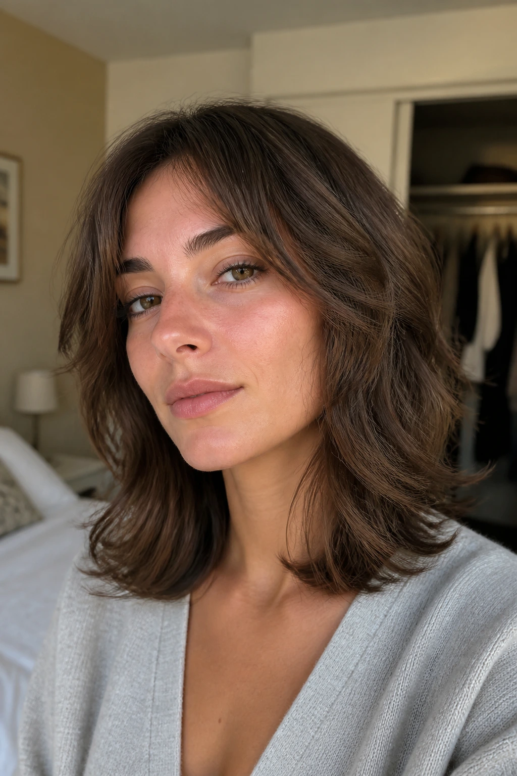 Close-up portrait of a real woman with curved-under ends shag on medium waves