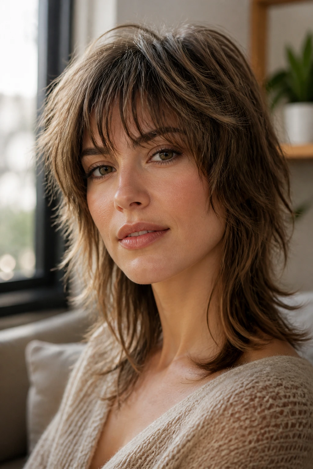 Close-up portrait of a woman with a shag cut featuring choppy crown layers under warm window light