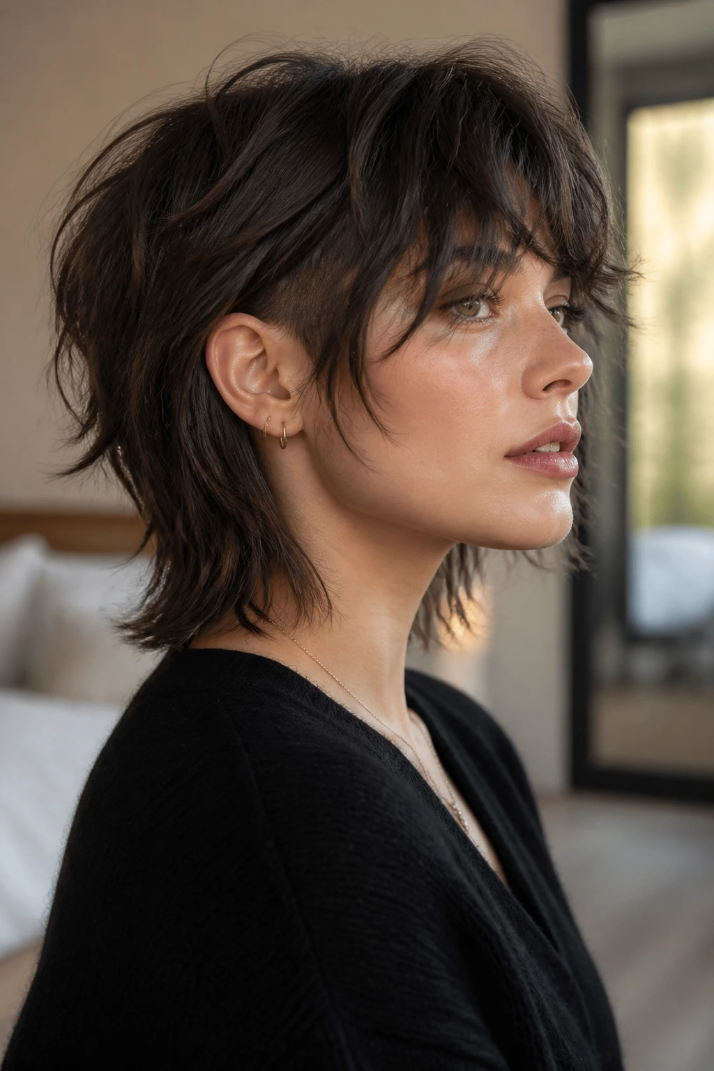 Portrait of a woman with a shag cut and hidden undercut in soft light