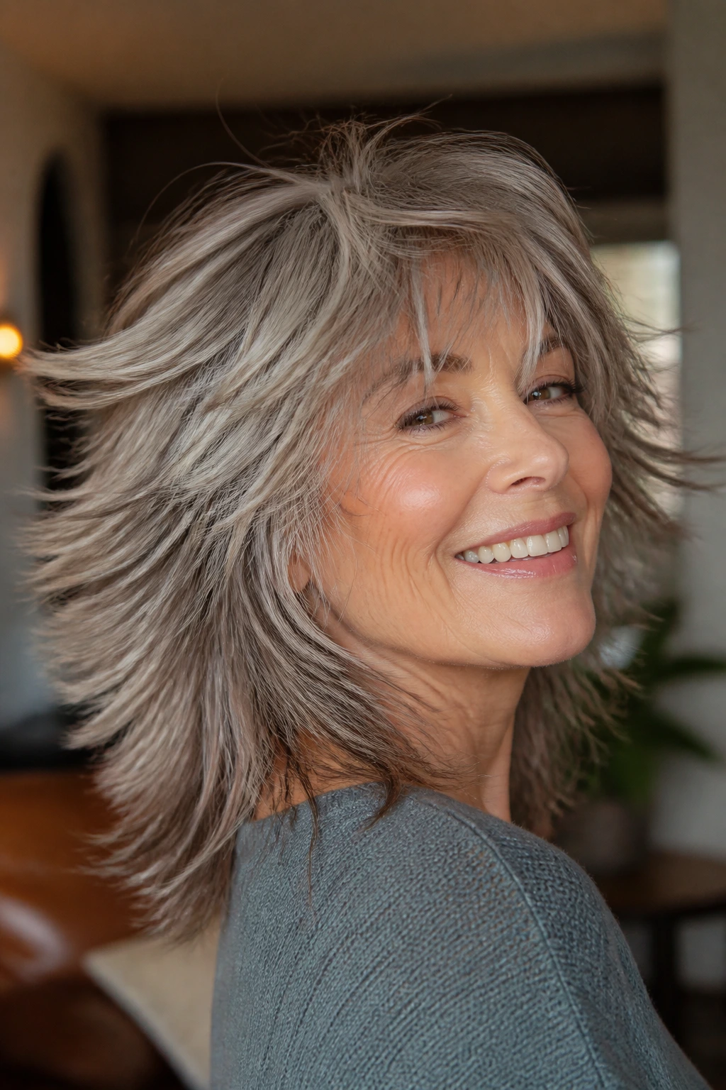 Close-up of an older woman with motion-filled 1970s shag showing texture and lift in a cozy setting