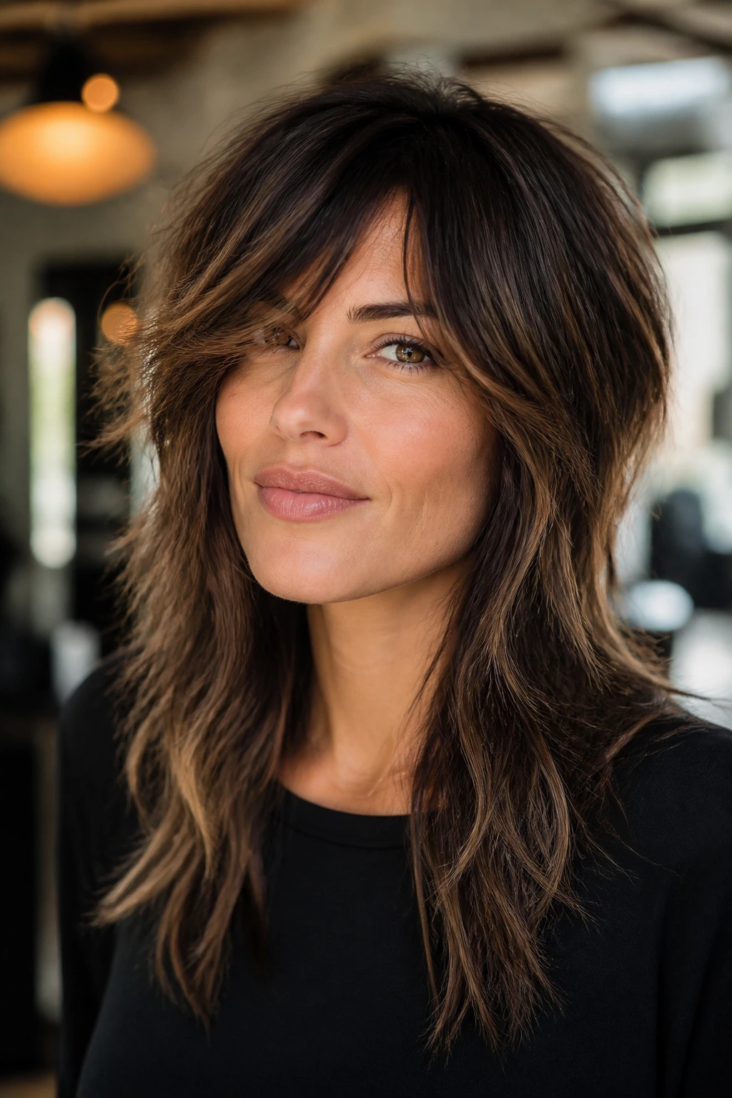 Close-up portrait of a real woman with side-swept bangs and shag cut