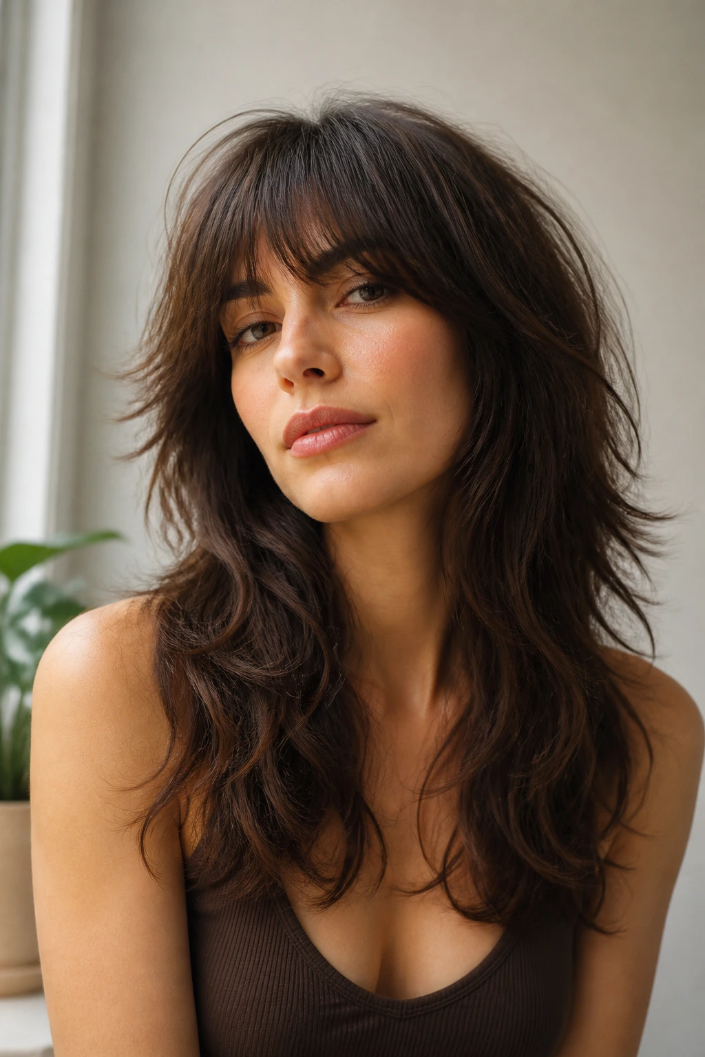 Close-up portrait of a real person with shag cut on thick hair showing balanced silhouette