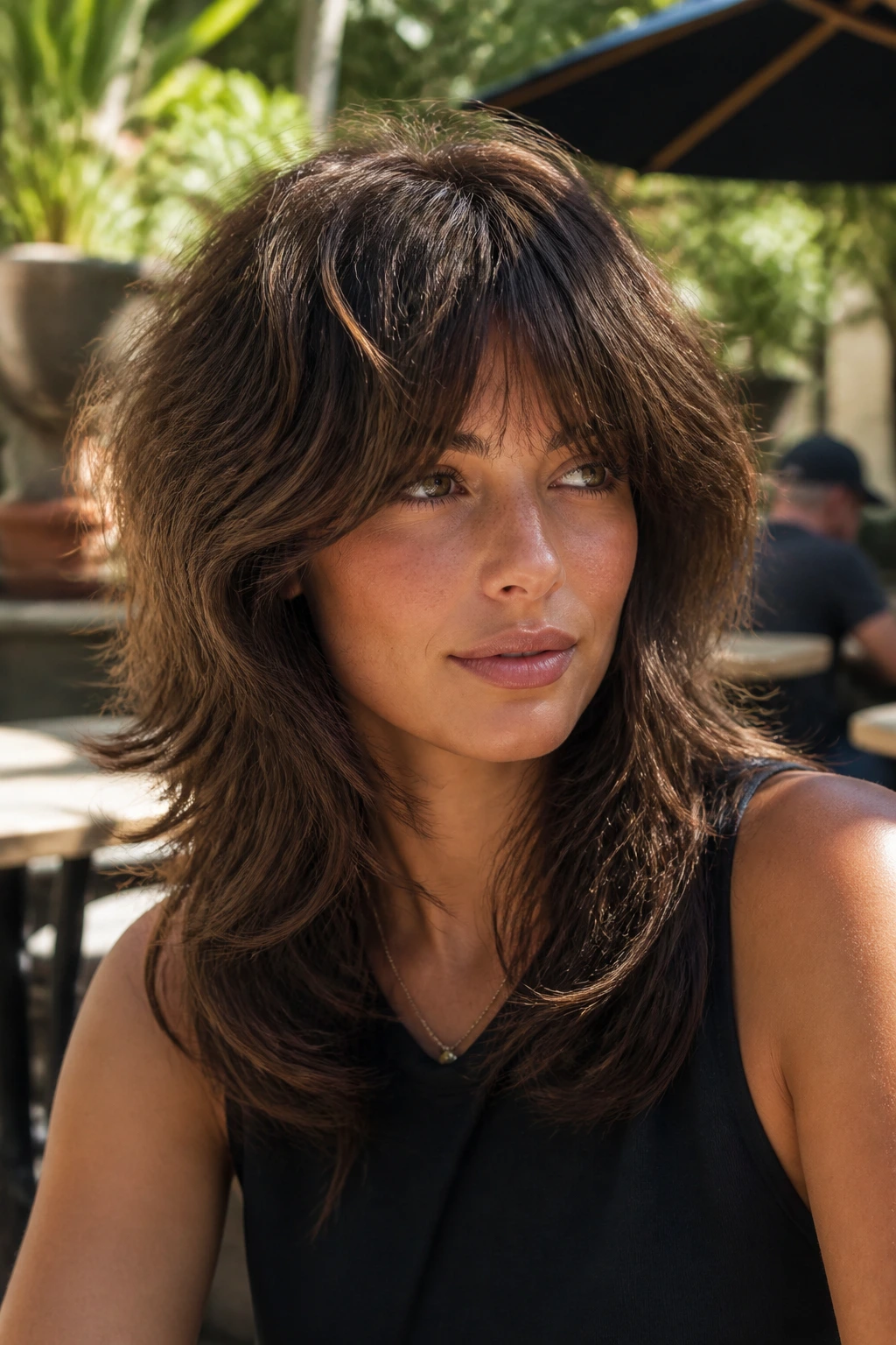 Portrait of woman with dense, coarse hair in a structured shag