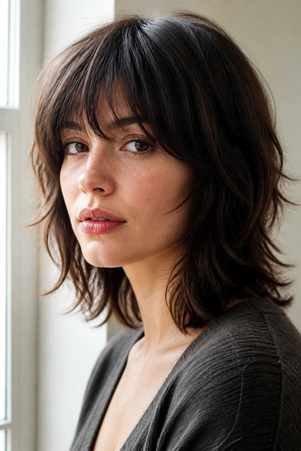 Close-up portrait of real person with shag ends under natural light.