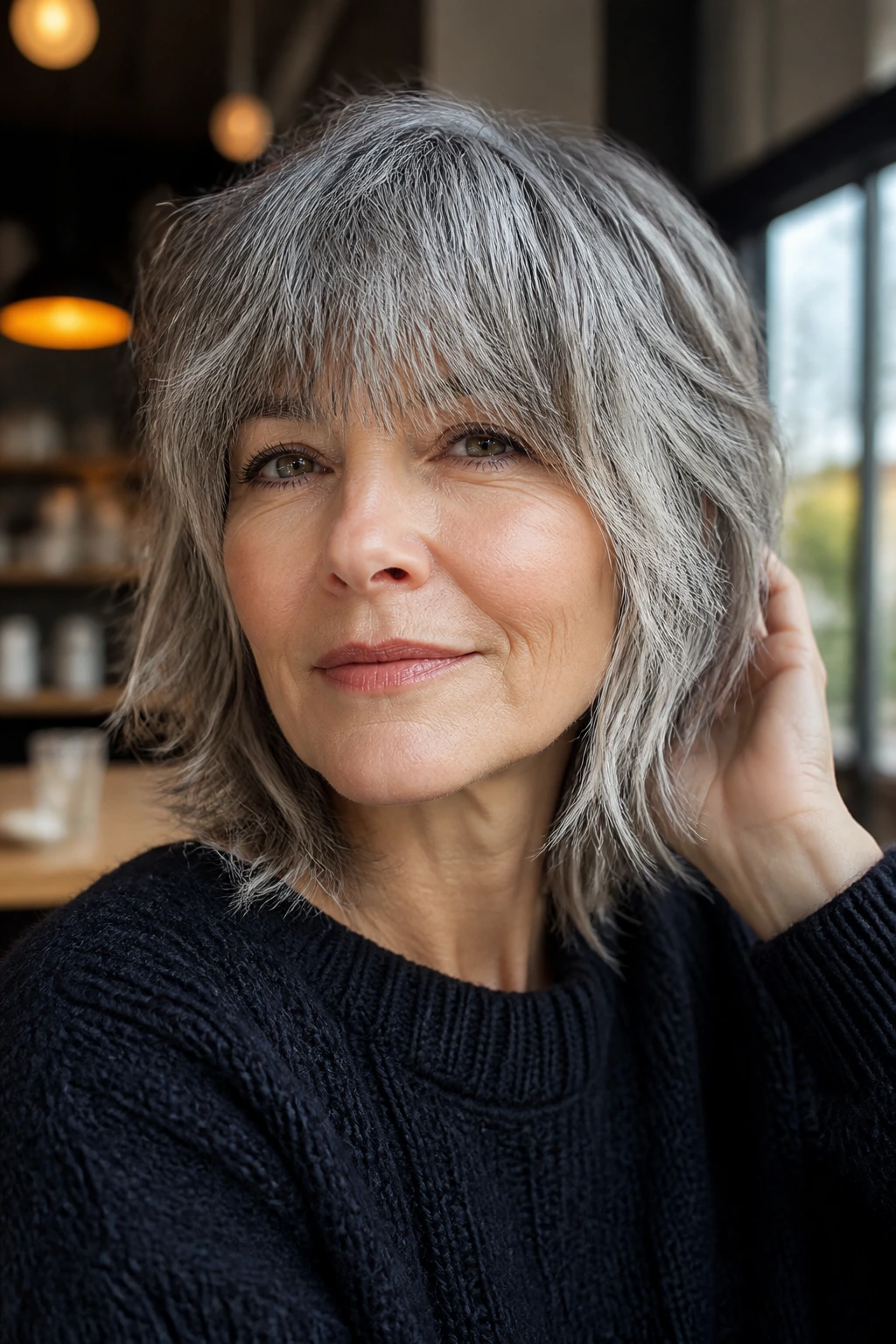 Close-up portrait of an older woman with eyebrow-grazing bangs and a French-inspired shag in natural light.