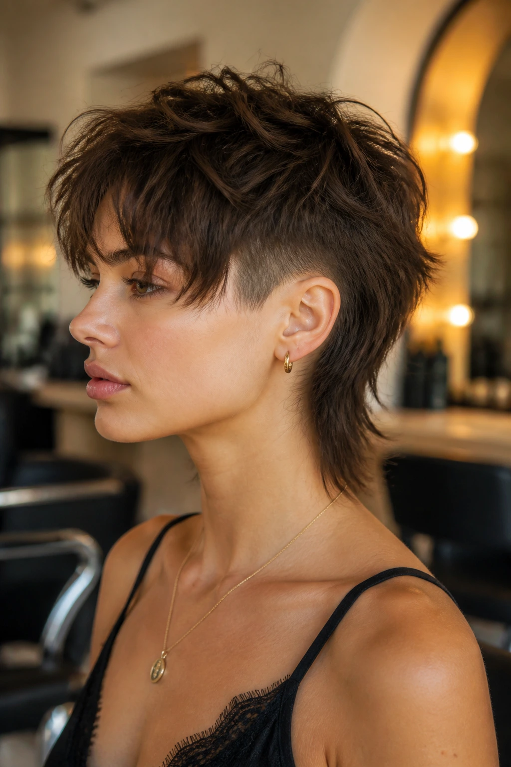 Close-up of a person with shag fade and feathered ends in a stylish salon