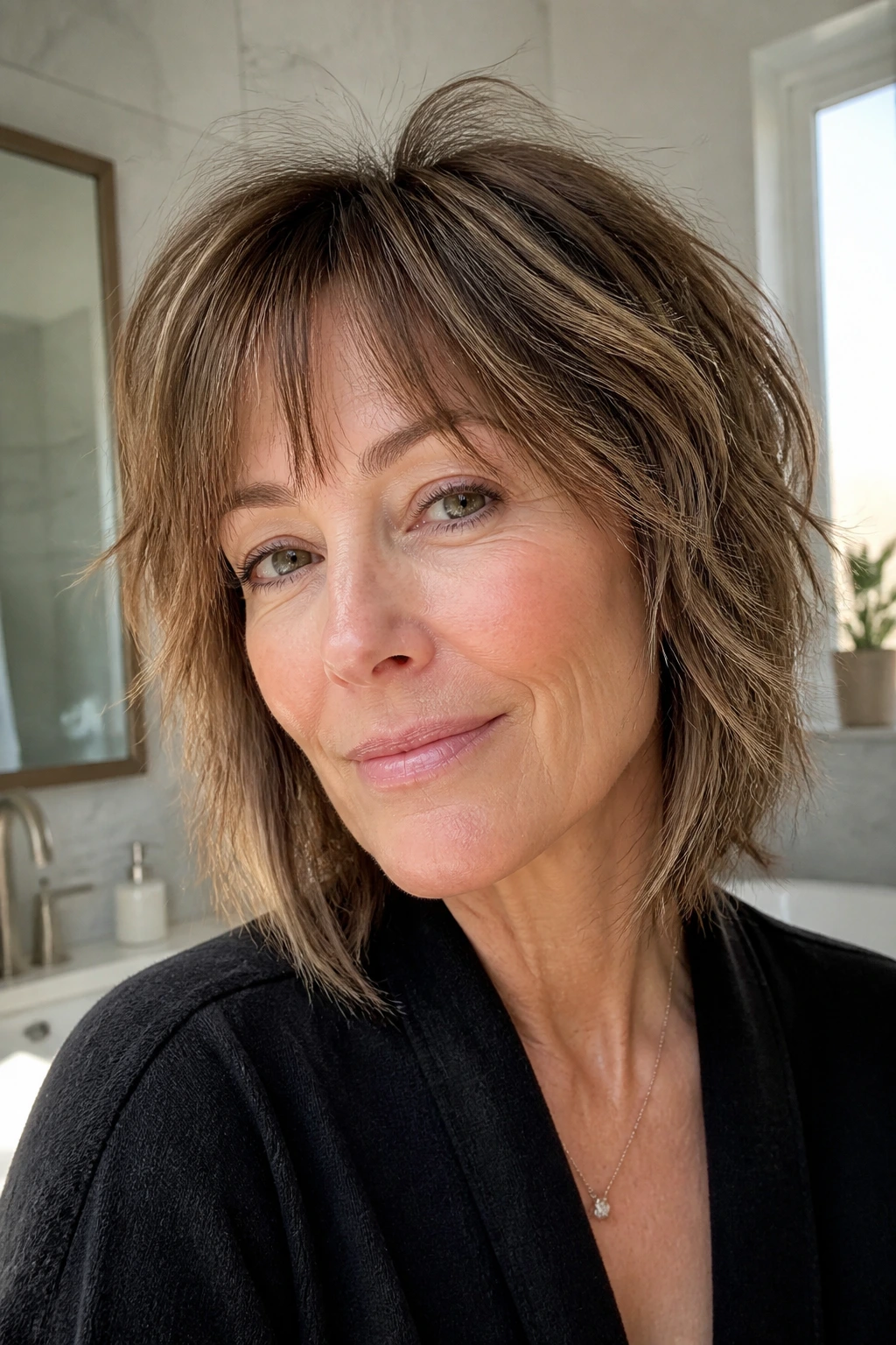 Close-up portrait of woman with fine hair styled in shag texture and crown lift