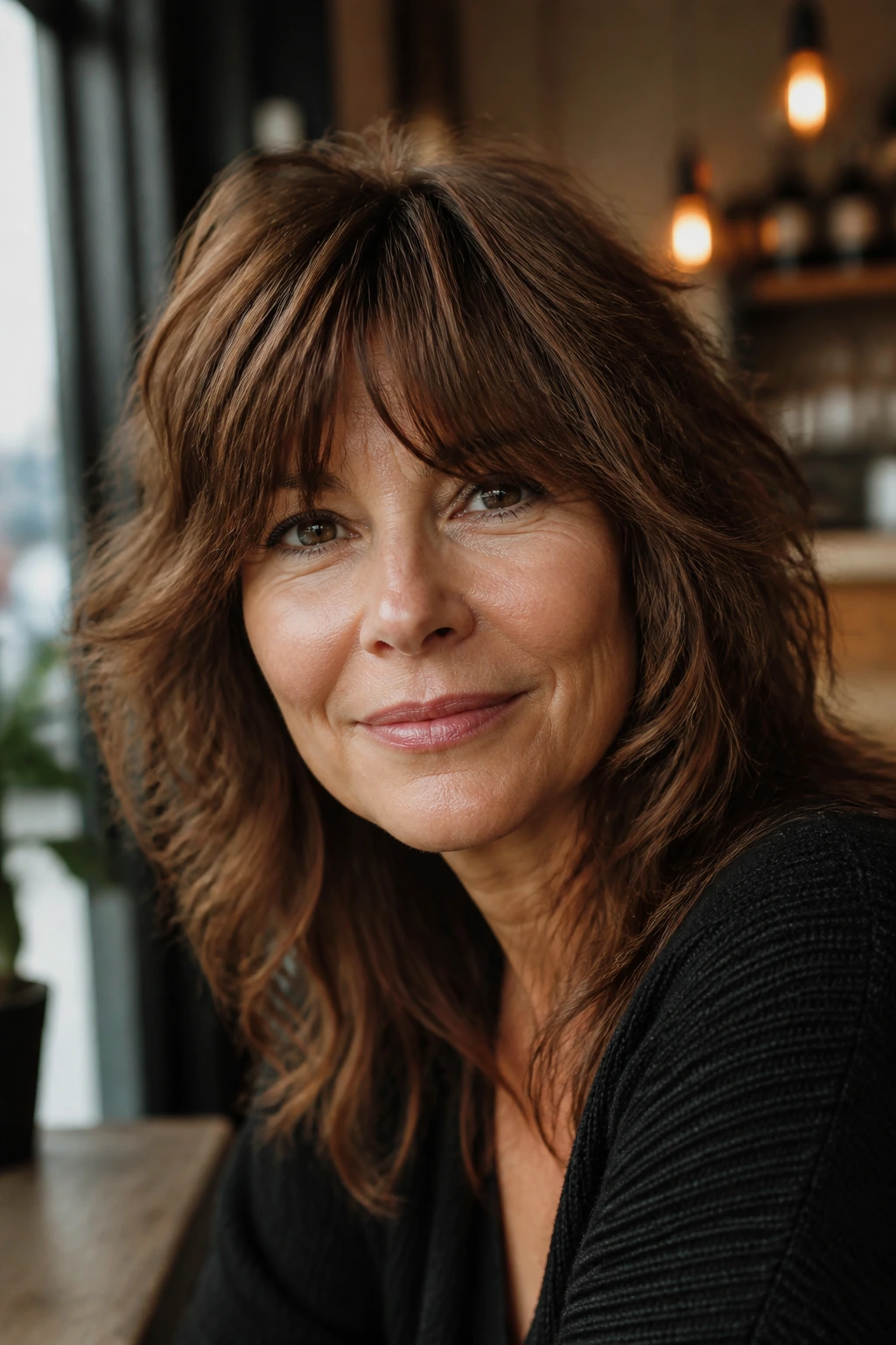 Portrait of a real woman with chestnut brown shag haircut and fringe