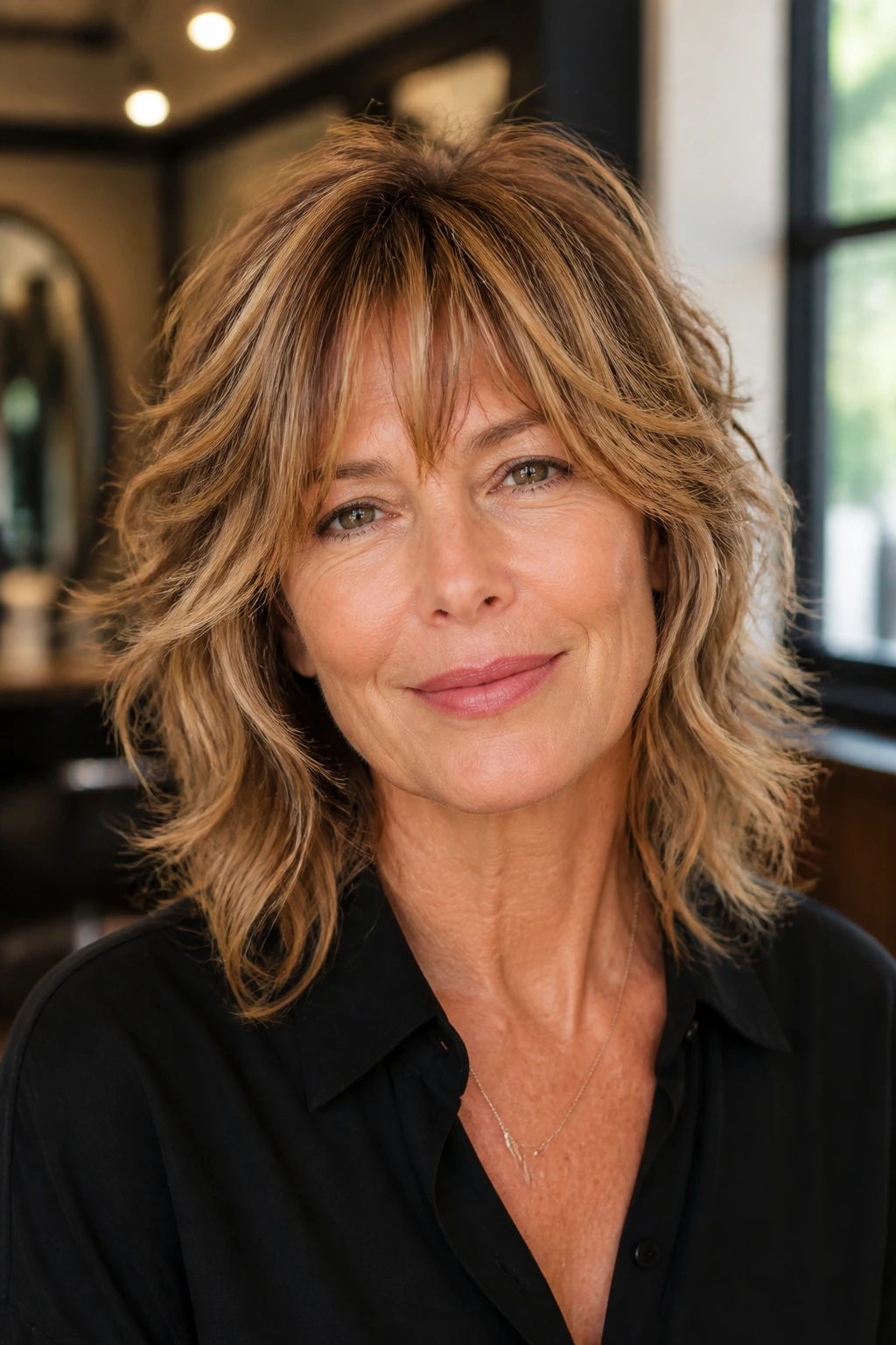 Close-up of a real woman with a shag haircut showing fringe and face framing in a warm salon
