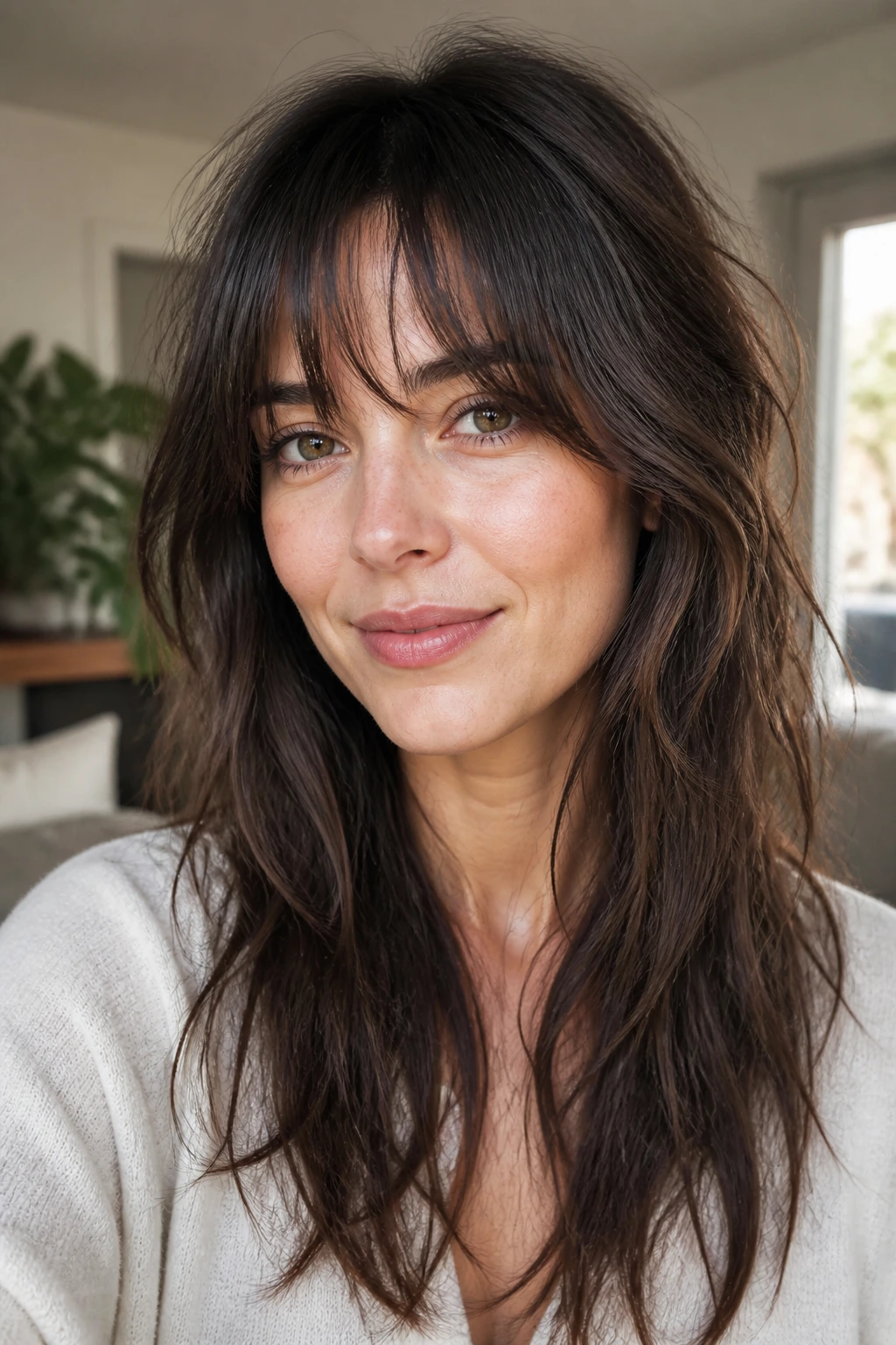 Close-up of a woman with shag fringe blending into long layers.
