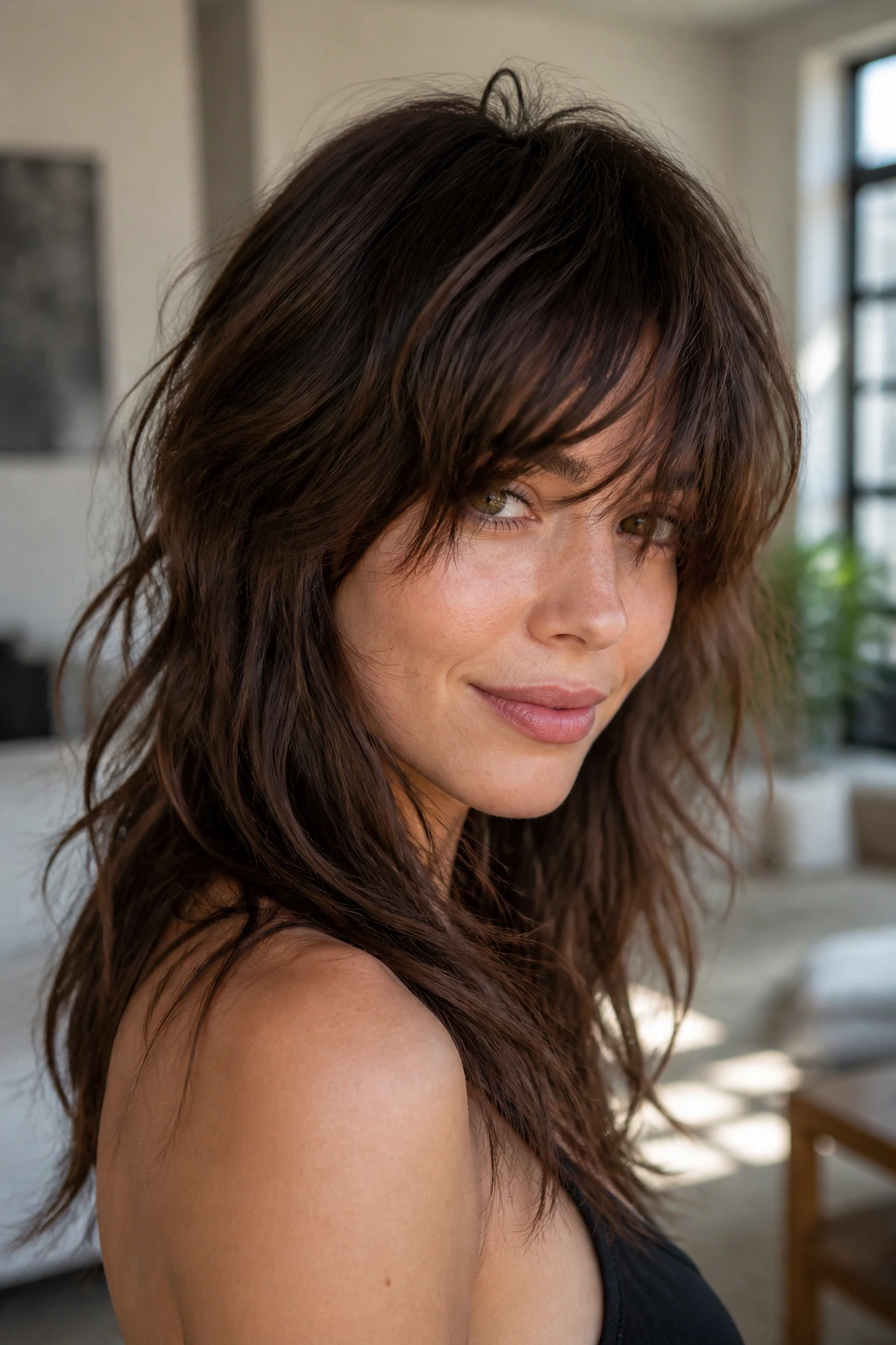Close-up of a real woman with shagged-out fringe and airy side bangs in daylight.