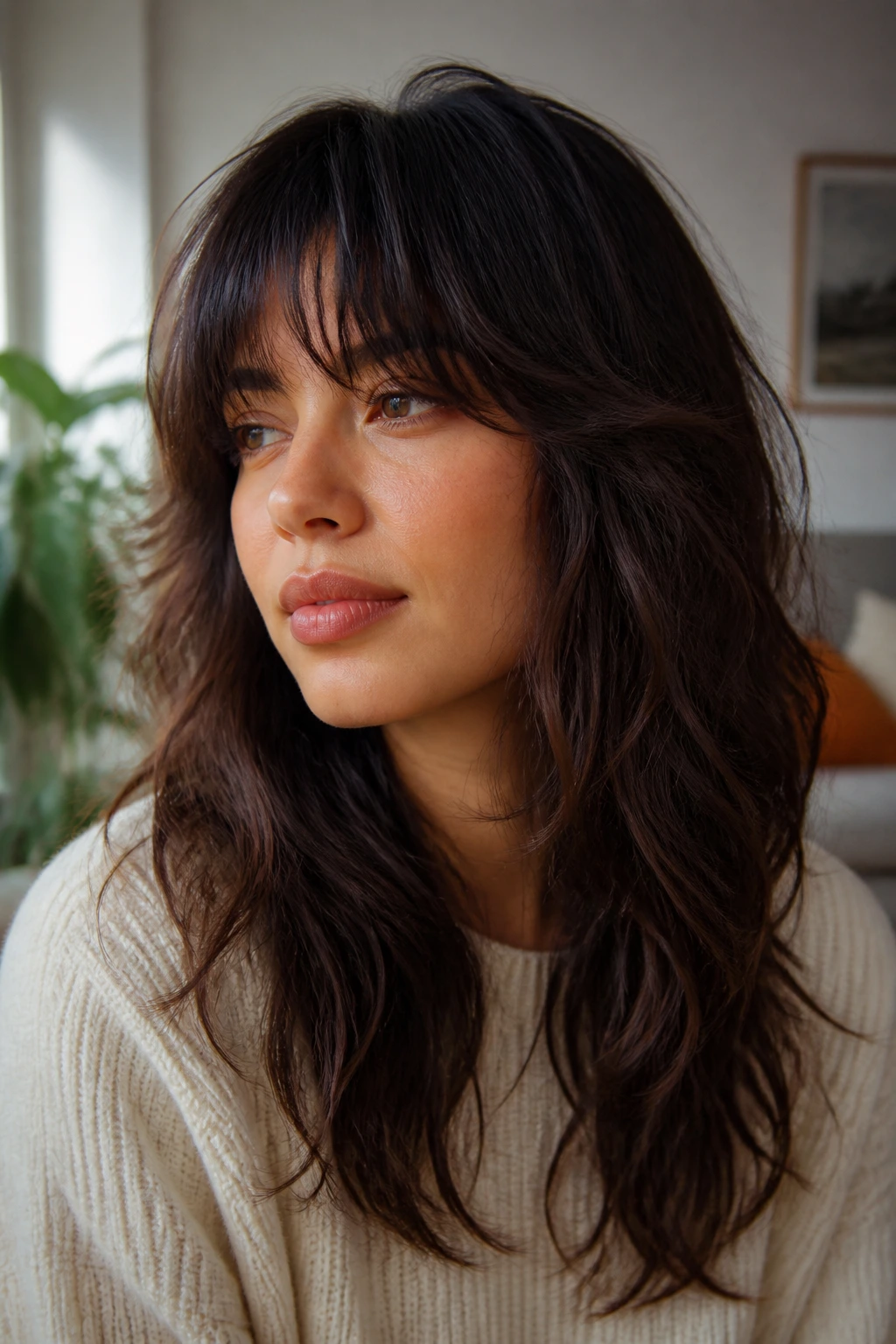 Shag fringe close-up on a real woman with textured, undone hair in natural light