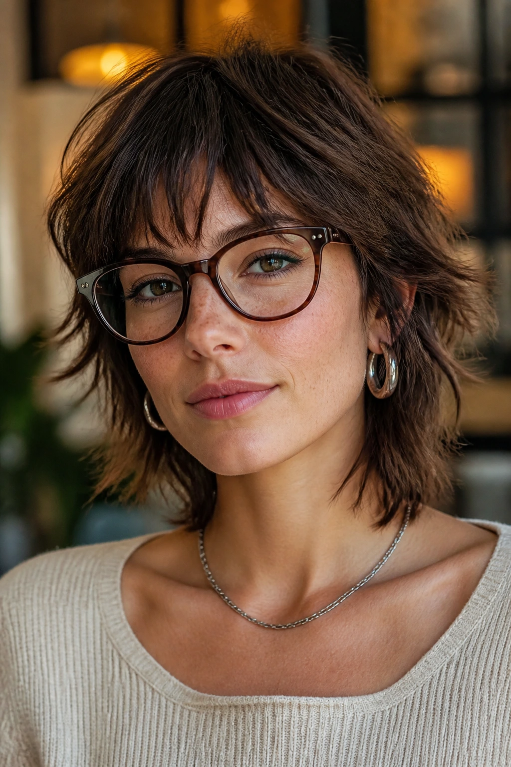 Portrait of woman with squared-off shag and accessories like glasses and earrings