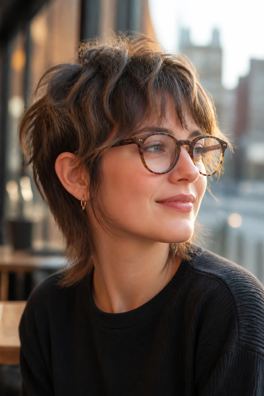 Portrait of a real person wearing glasses with shag hairstyle and shorter sides