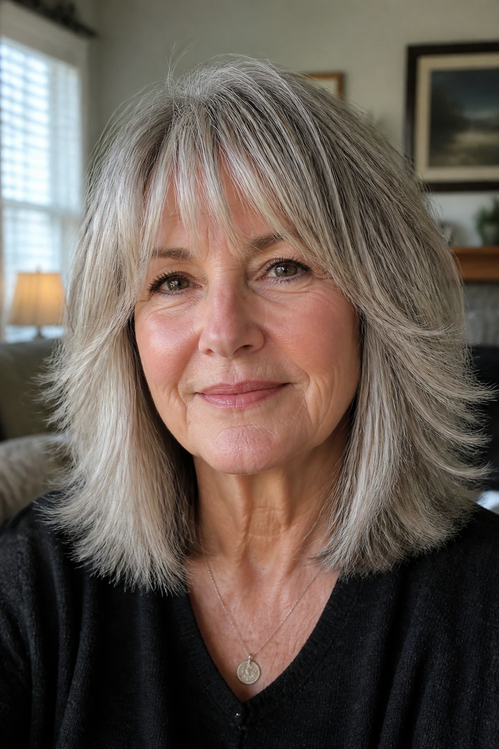 Close-up portrait of an older woman with blunt-edge shag and soft layers in natural window light.