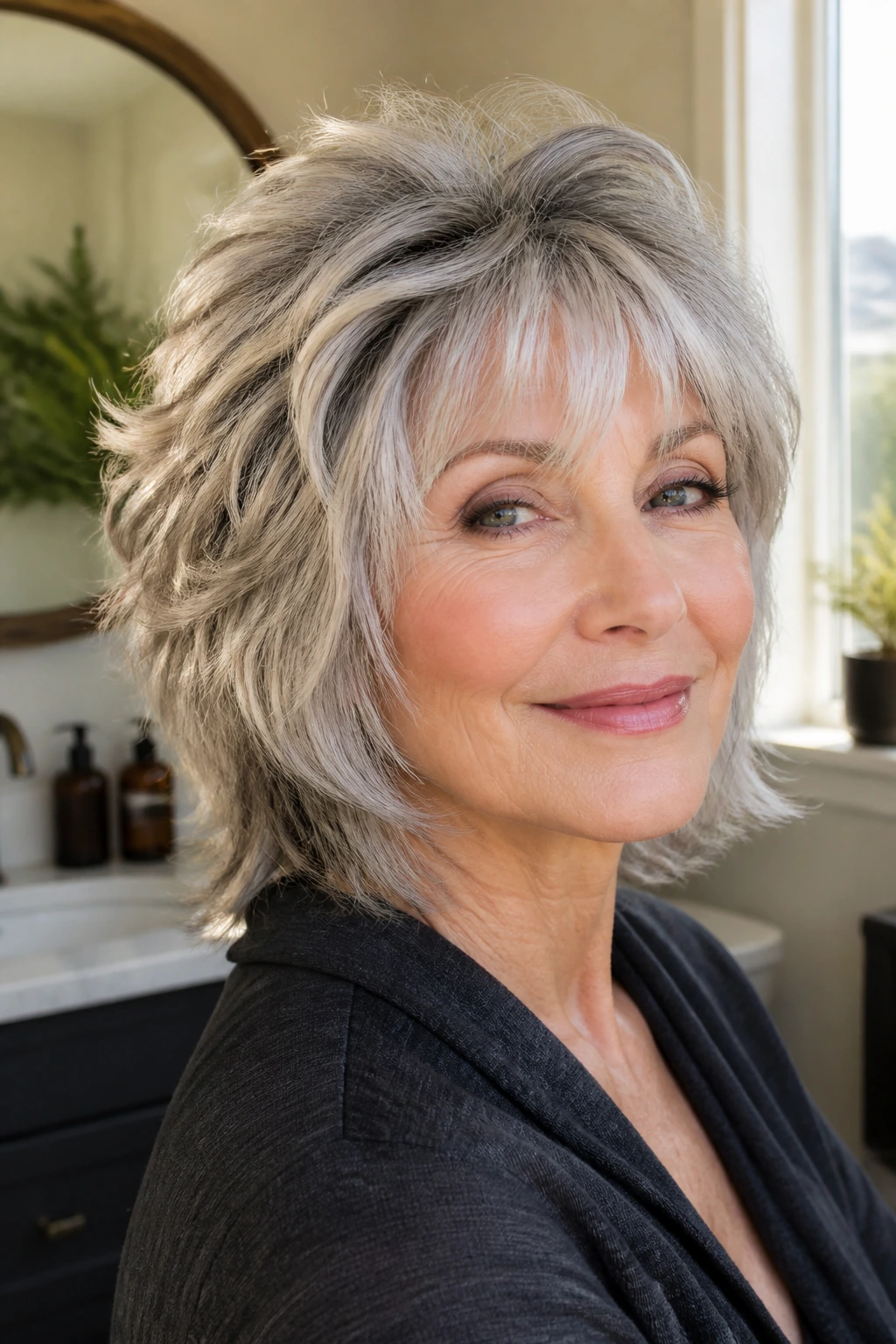 Close-up of an older woman with a rocker shag haircut showing lift and texture