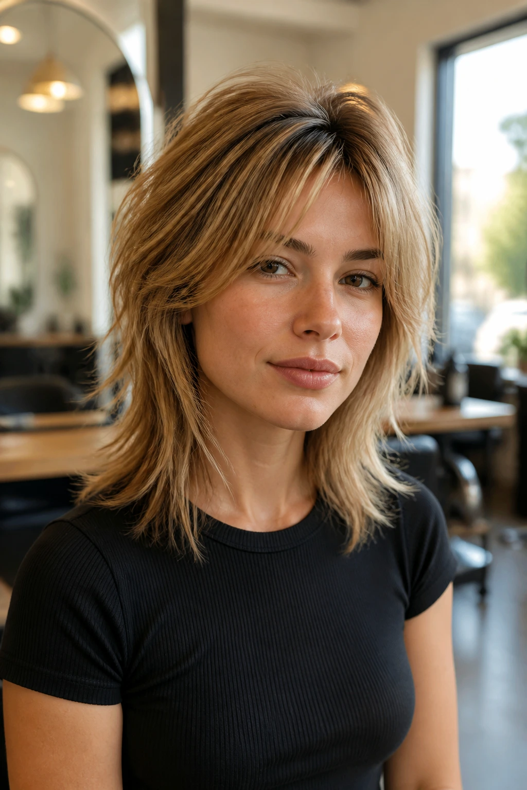 Portrait of a real woman with lifted crown and styled front pieces