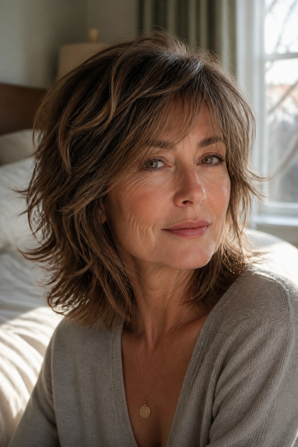 Close-up portrait of a real woman with a medium-length shag over 50, featuring soft waves and feathered fringe in natural light