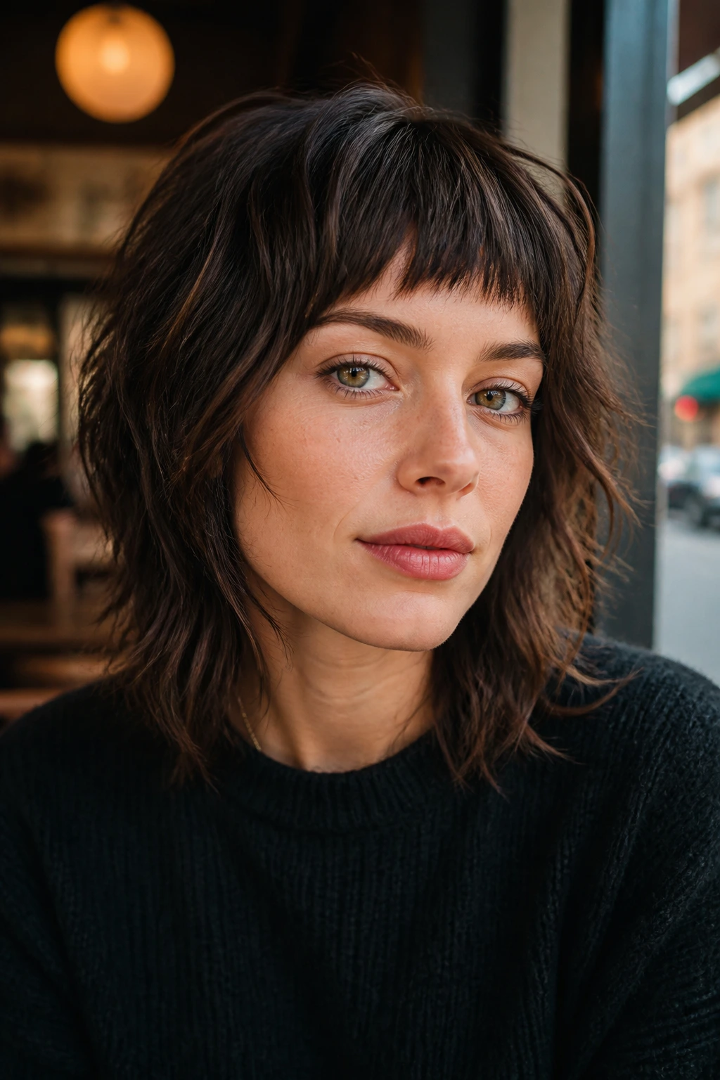 Close-up portrait of a real woman with a choppy shag and shorter bangs in daylight