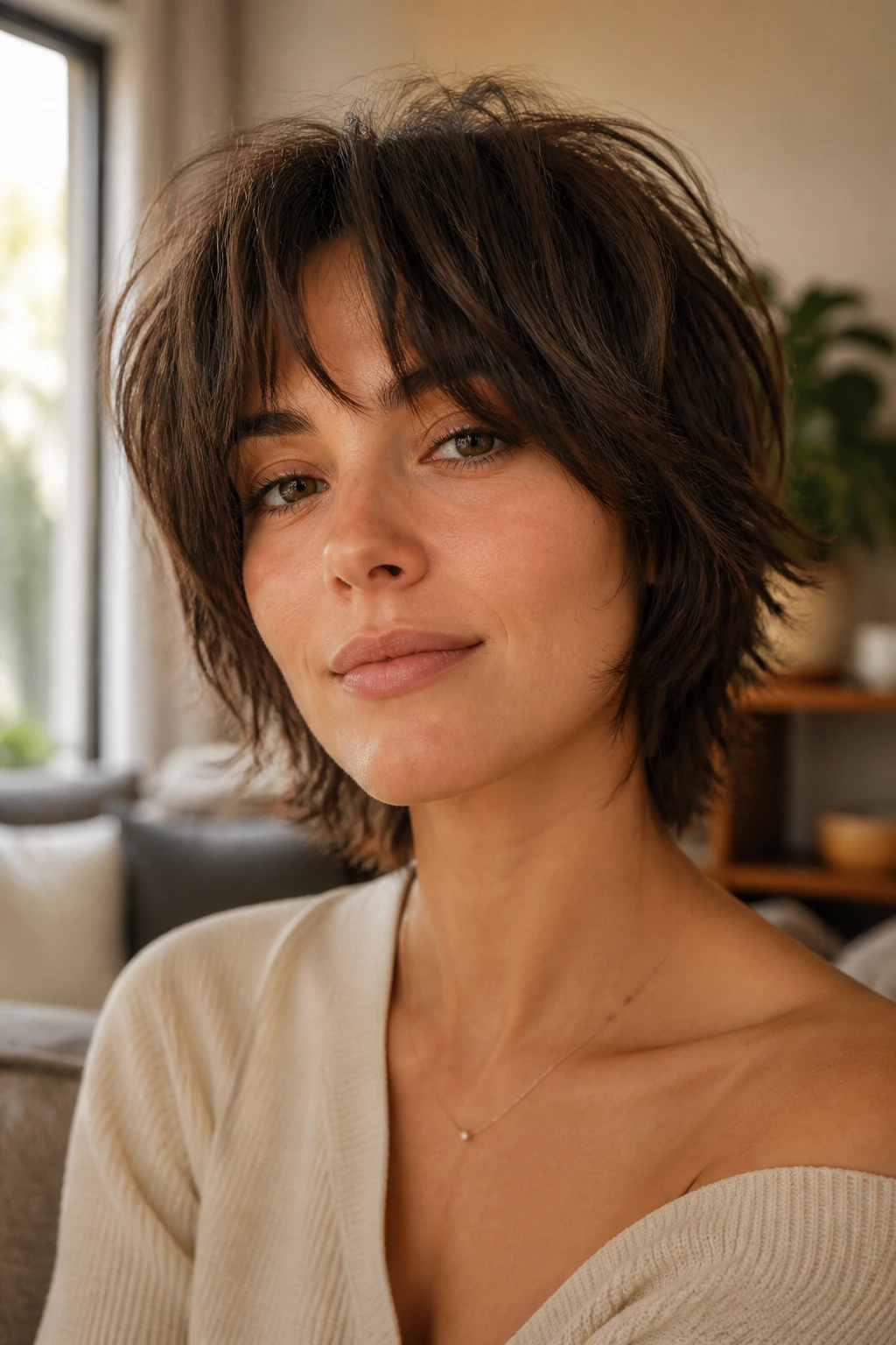 Close-up portrait of a real woman with short shaggy hair and curtain bangs in a cozy living room